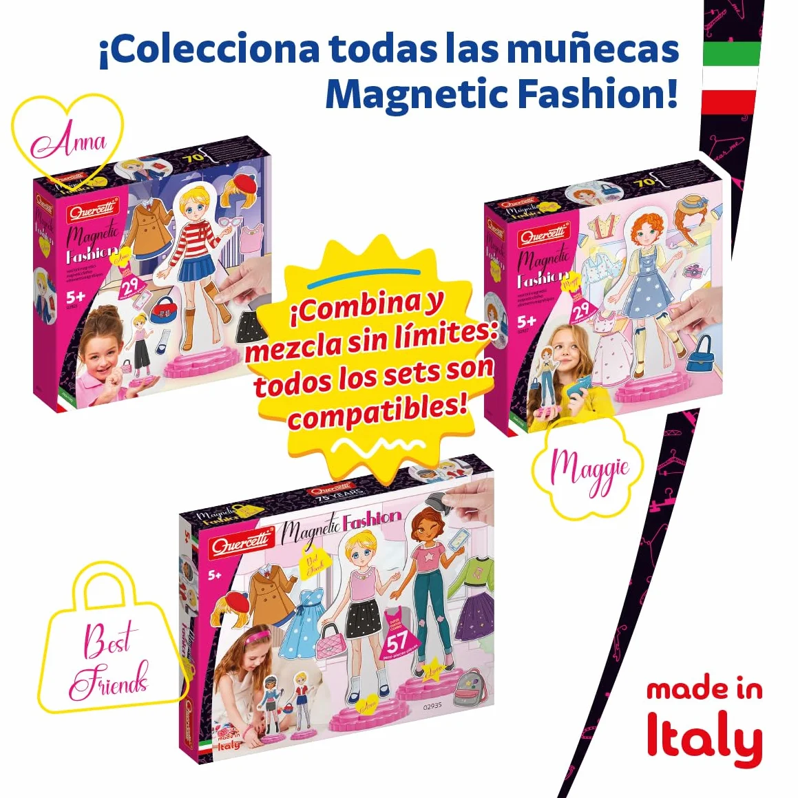 Quercetti Magnetic Fashion Best Friends, Juguetes Niña 5 Años a 9 Años, Juego Magnetico con Muñecas y Ropa, Juguetes Niñas, Juegos Infantiles Creativos para Niñas, Made in Italy
