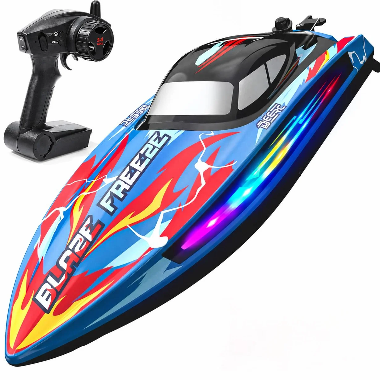 DEERC Barco Teledirigido Lancha rápida a Control Remoto para Piscina y Lago con luz LED, 20+mph, 40+ Mins, autoadrizable, para niños, Juguete acuático de Verano de 2,4 GHz