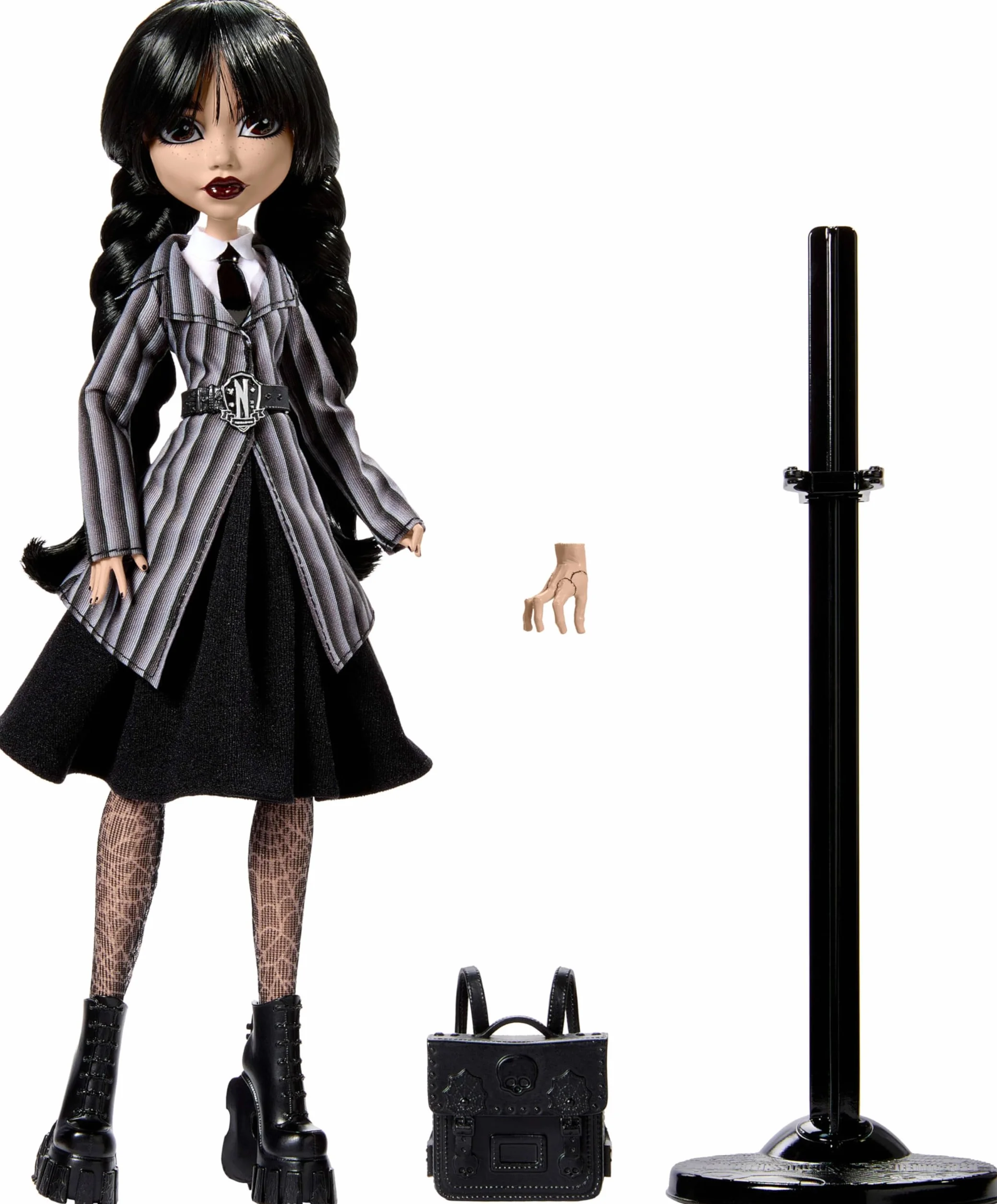 Monster High Miércoles Muñeca y Accesorios, muñeca Coleccionable de Miércoles Addams con el Uniforme de la Academia Nevermore, Cosa y una Mochila, con peana para la muñeca, HXJ04