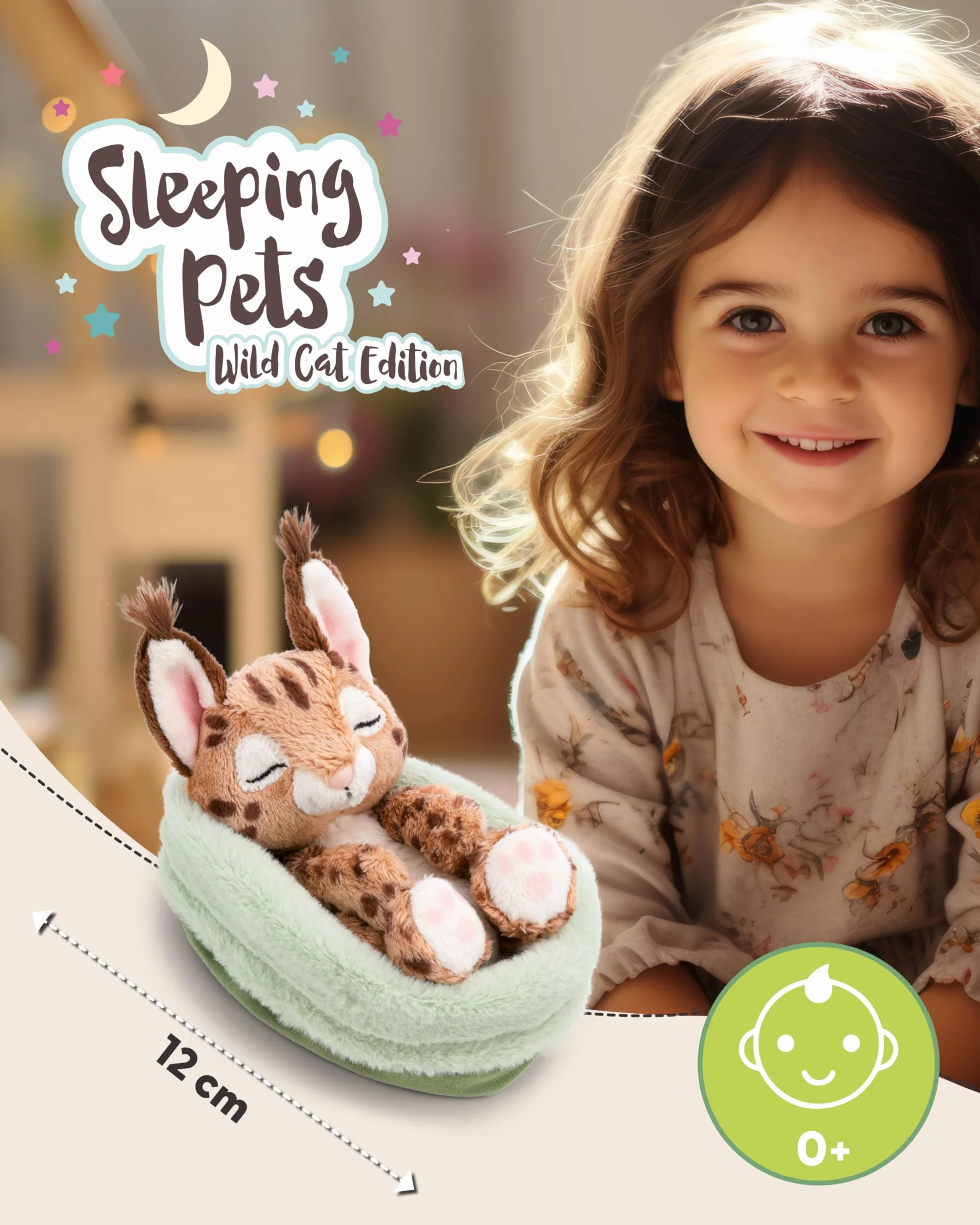 NICI Peluche caracal 12 cm durmiendo en una cestita, marrón, Peluches Decorativos, Juegos para niños, Ideas para Regalar - 62874