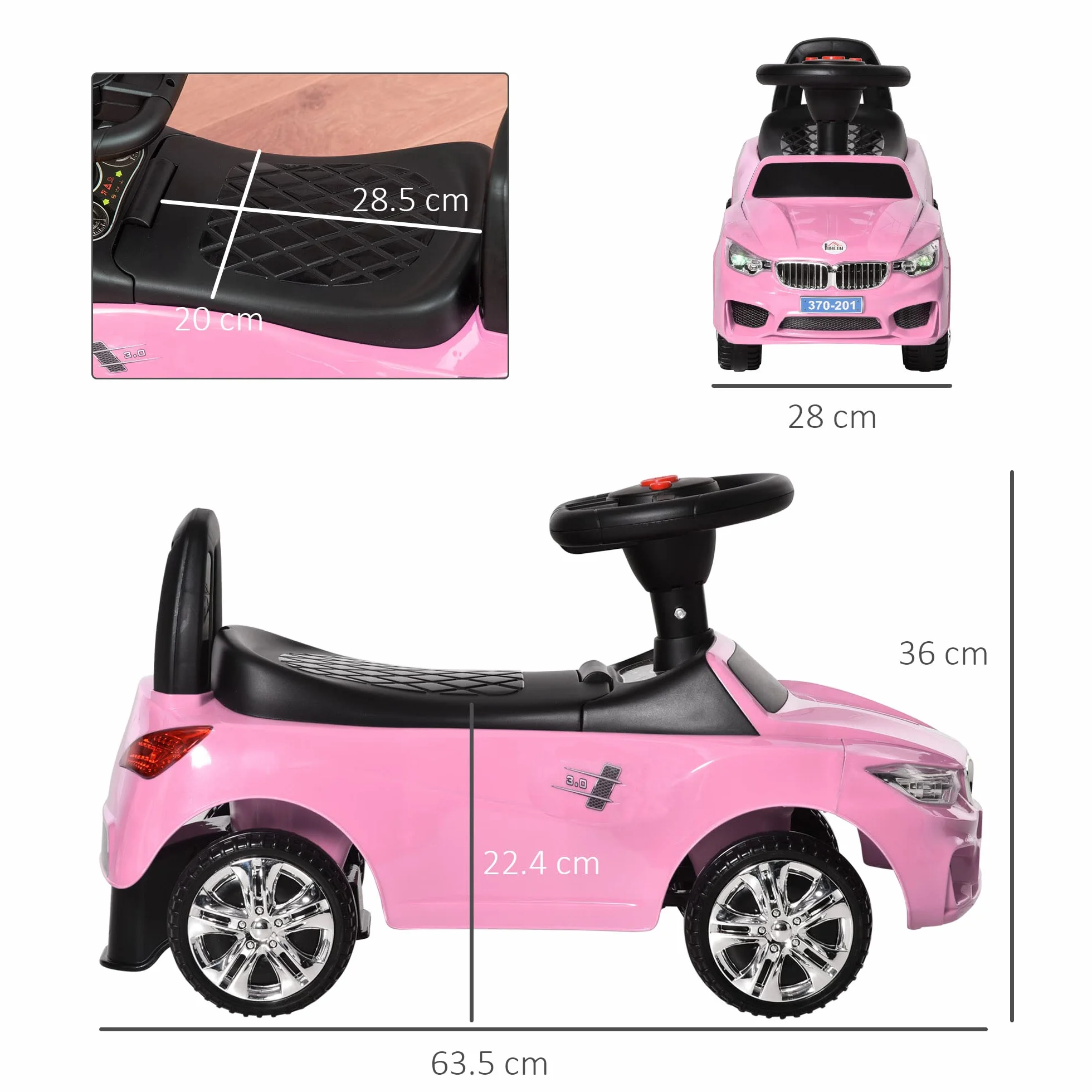 HOMCOM Coche Correpasillos para Niños de 18-36 Meses Andador Correpasillos con Faros Música Bocina Volante Espacio de Almacenaje y Asa para Empujar 63,5x28x36 cm Rosa