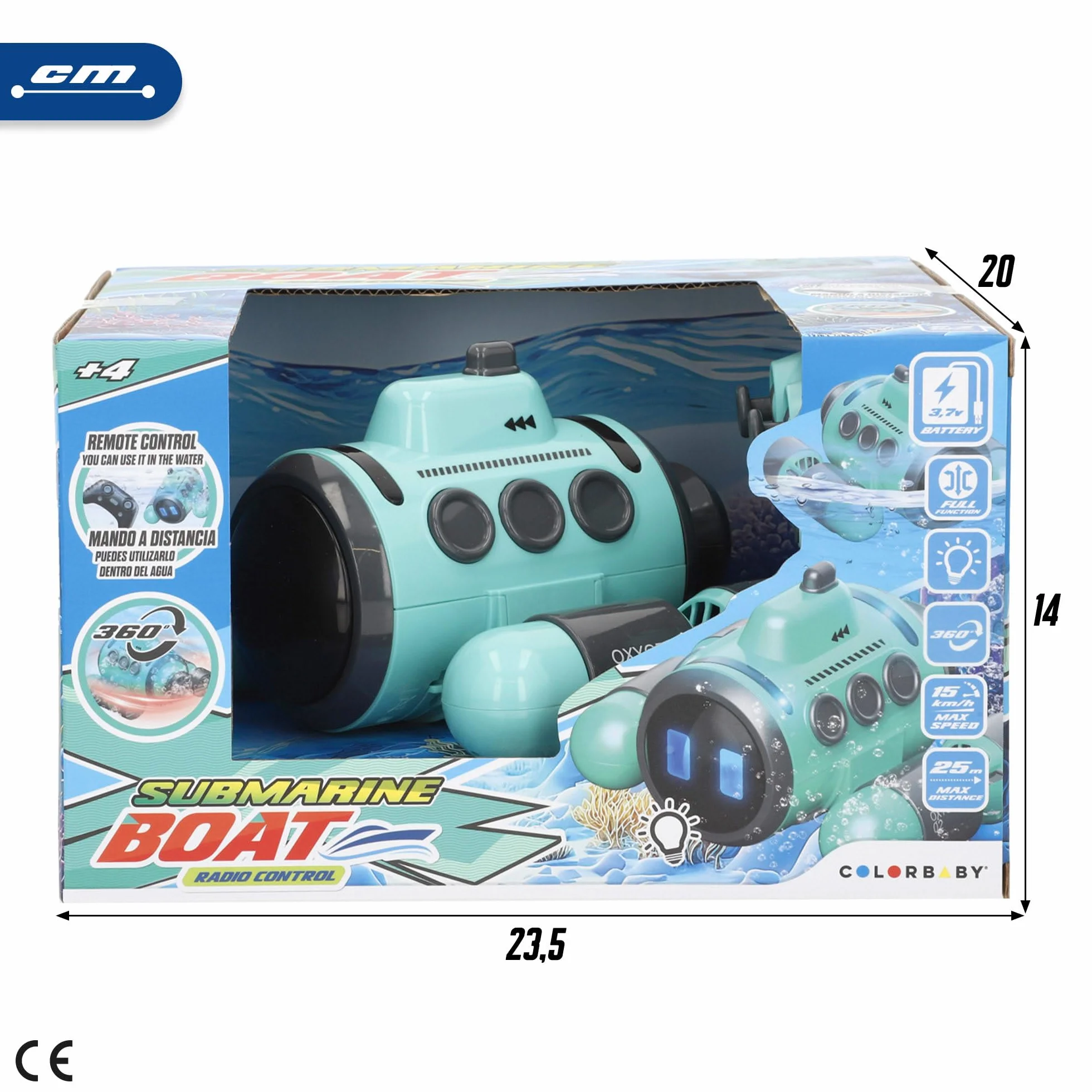ColorBaby Speed & Go Submarino teledirigido, Giros 360º, Incluye luz, Mando a Distancia Sumergible, Alcance 25 Metros, Velocidad 15 km/h, Juguete para niños 4 años, Juguetes RC (39731)