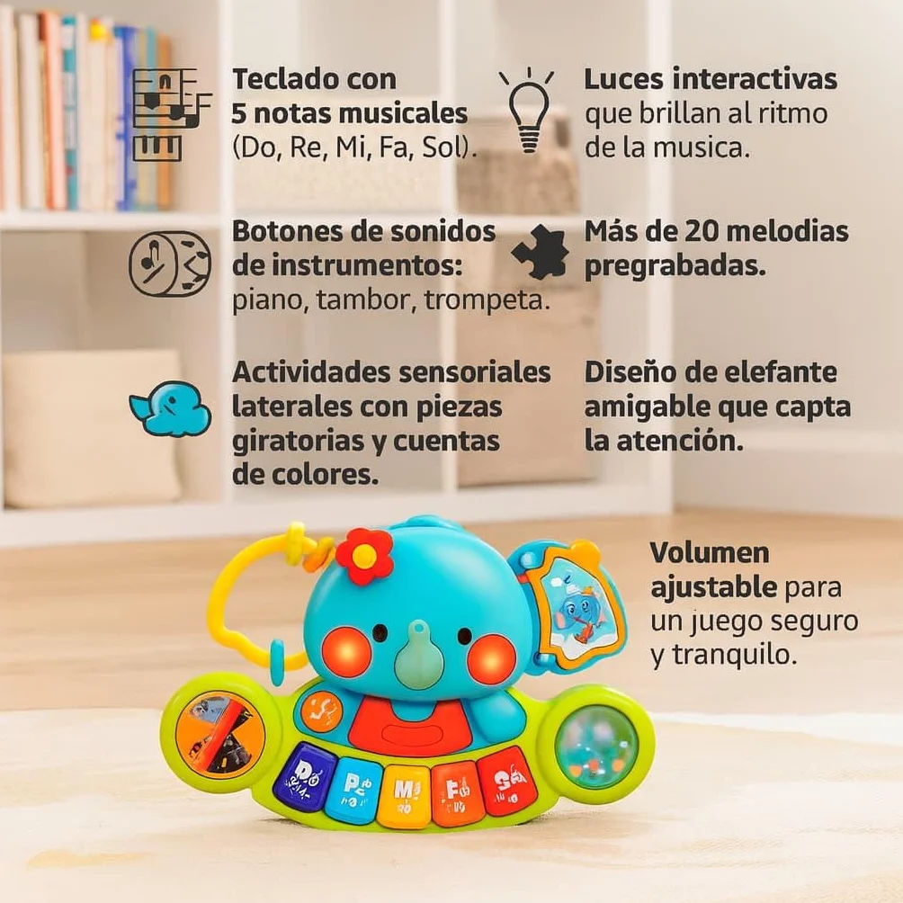 Hola - Piano Infantil de Juguete - con Luces y Sonidos Reales de Instrumentos Musicales - Juego Elefante Musical con Teclado y 7 Actividades - Juguete Sensorial y Educativo - Regalo Bebe +6 Meses