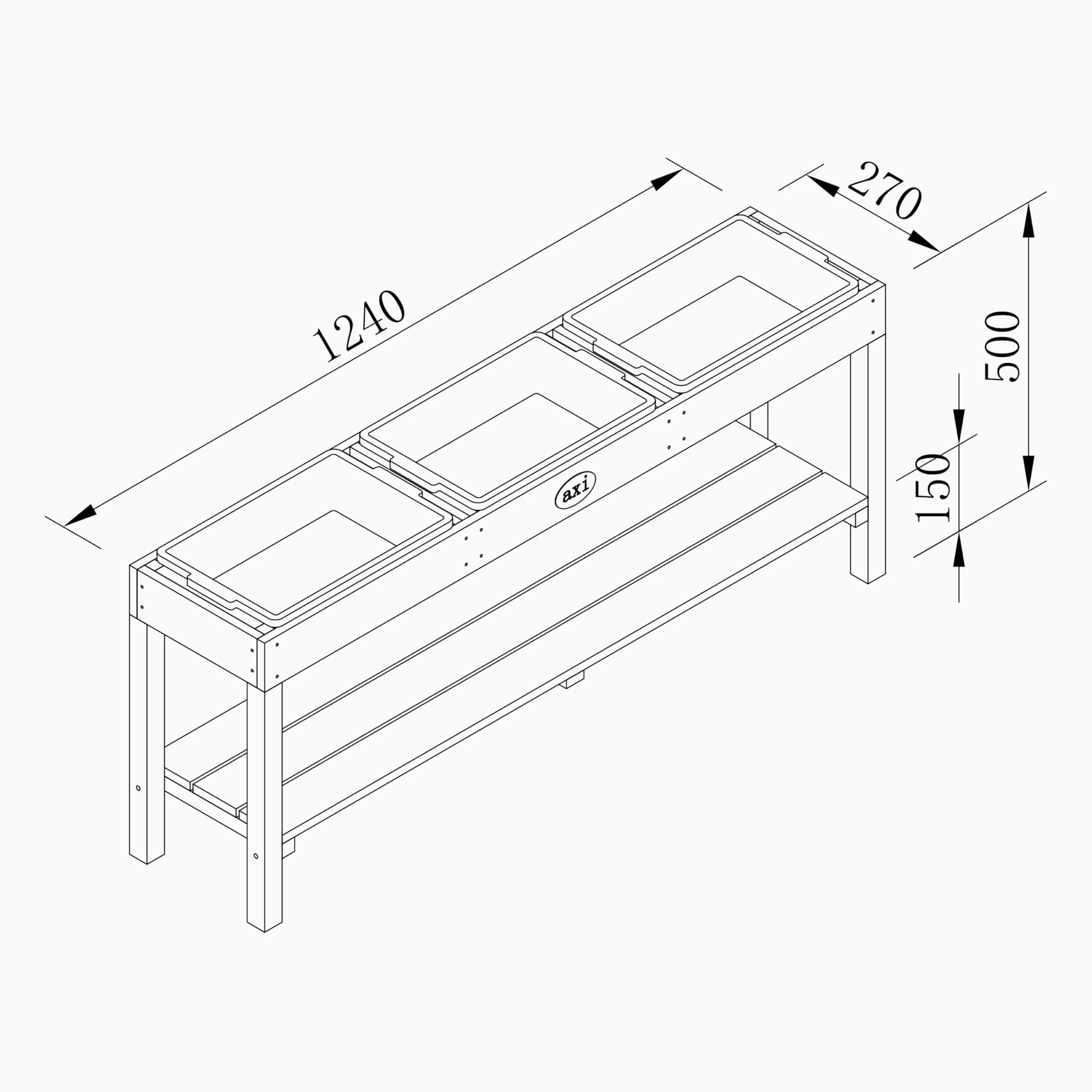 AXI Mesa de Madera para Arena y Agua | Mesa de Arena/Mesa de Barro con 3 Contenedores y Estante de Almacenamiento | 124 x 50 cm.