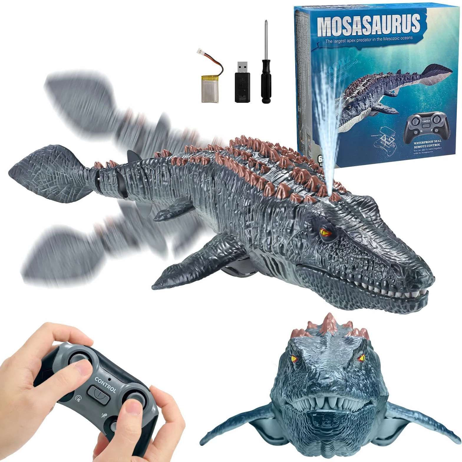 Barcos Mosasaurus de control remoto 2.4 GHz con agua pulverizadora, doble hélice, juguete RC para piscina