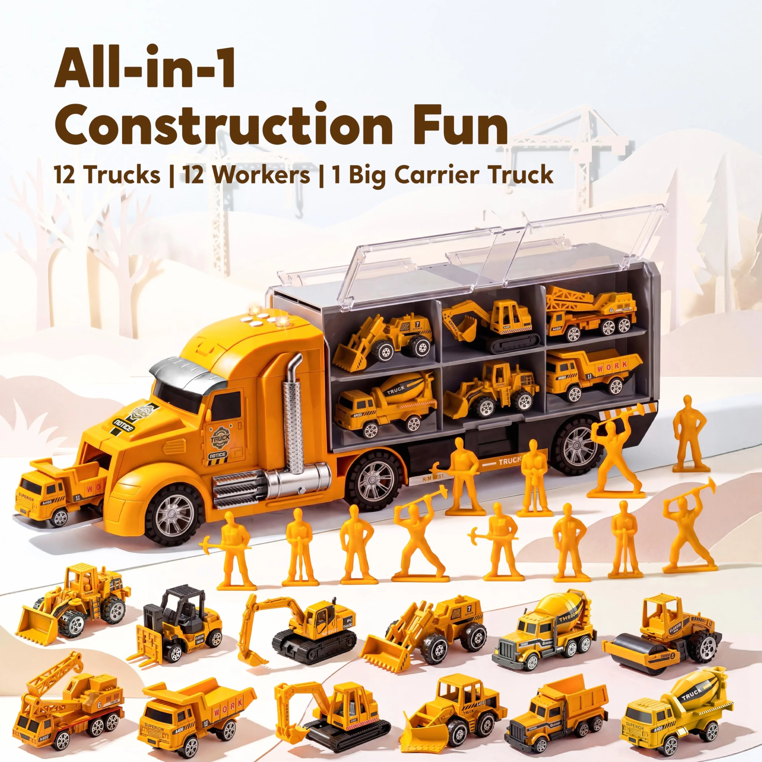 JOYIN 25 en 1 Juego de Juguetes camión de construcción fundidos a presión (Incluye Tractor Excavadora transportadora) con Sonidos y Luces, Regalos de cumpleaños para niños a Partir de 3 años