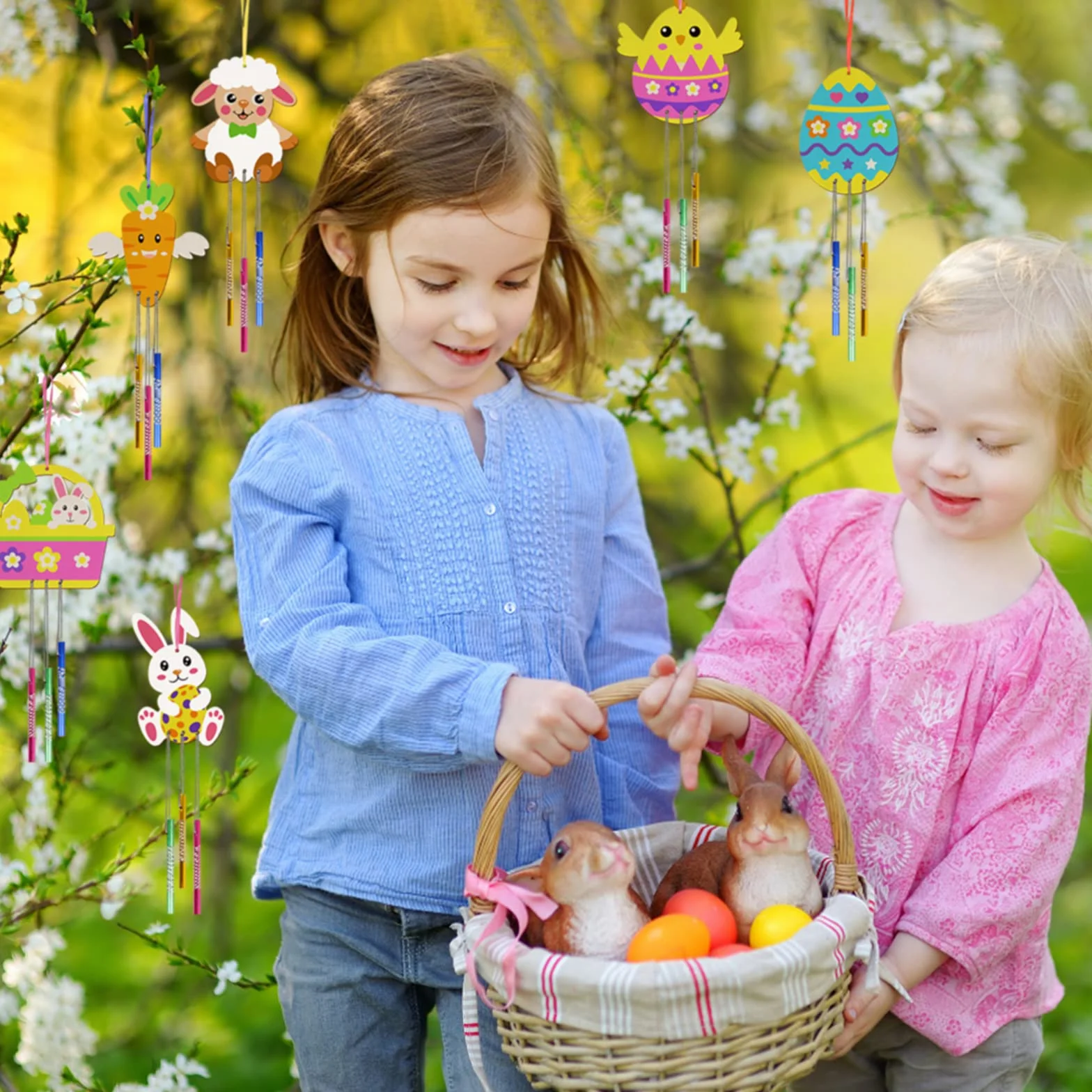 WEDNOK 12 piezas Kit de Pascua para niños, Campanas de viento de Pascua de madera para pintar, Decoraciones de Pascua, para regalos de Pascua