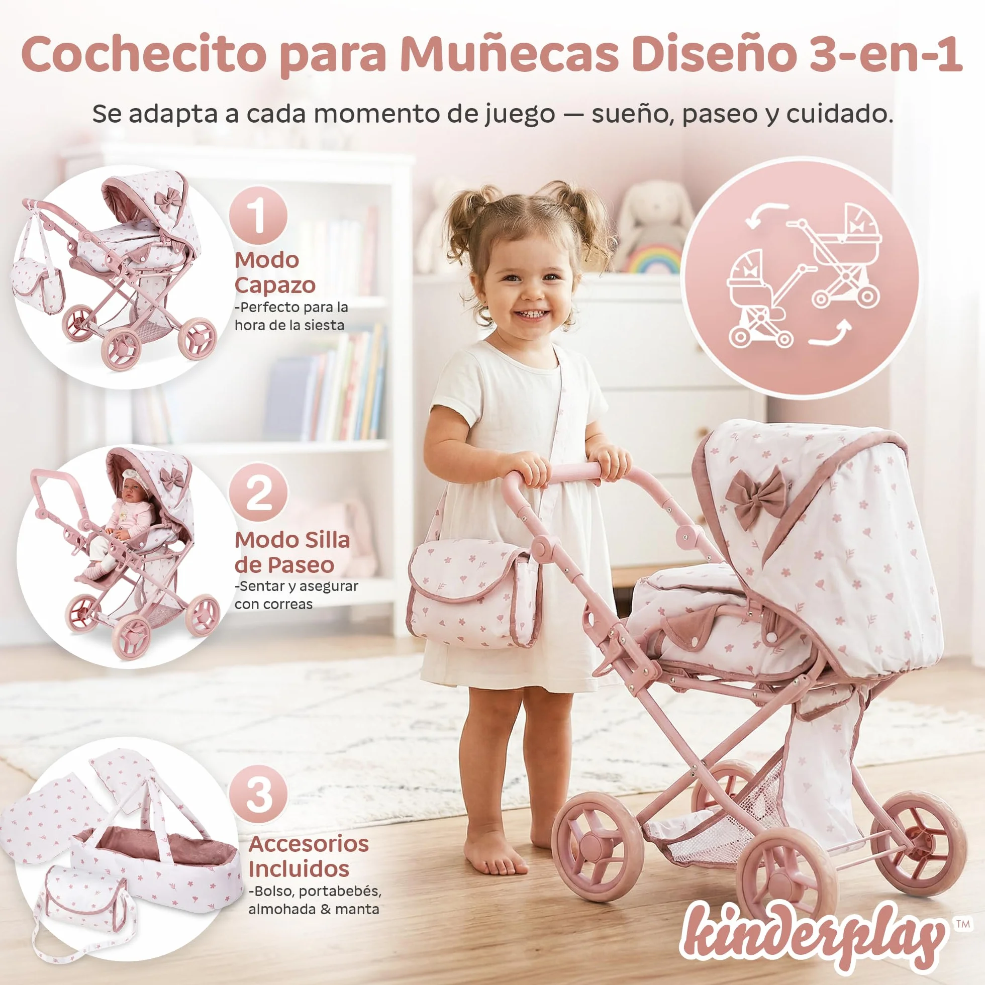 Kinderplay Cochecito de muñecas 3 en 1 Rosa con Bolsa de Transporte – Cochecito de muñeca Ajustable de 36,5 – 64 cm, Plegable, Ruedas de Espuma silenciosas, para muñecas de hasta 40 cm, a Partir de 3