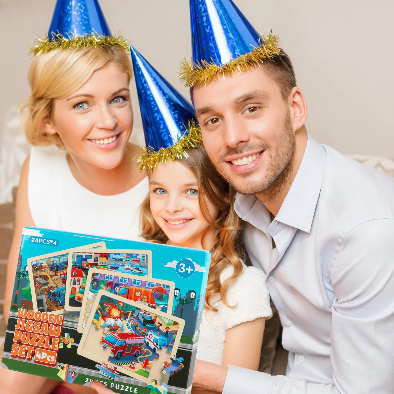 Juego de 4 Puzzle de Madera para Niños, Rompecabezas de 24 Piezas, Puzzle Juego de Coches de Juguete, Juguete Educativo para Infantiles de 3 4 5 6 años, Juguete de Regalo para Niña Niño