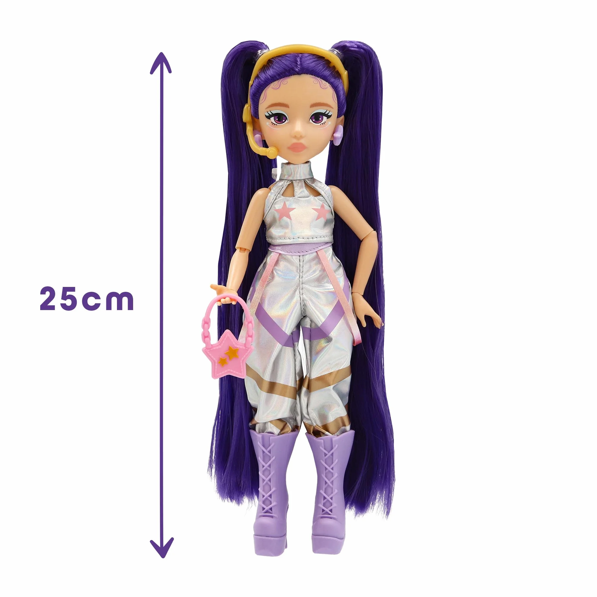 K-POP IDOL Muñeca Mina Fashion Doll Estilo K-Pop Starlight, Cabello Morado con Coletas, 3 Accesorios