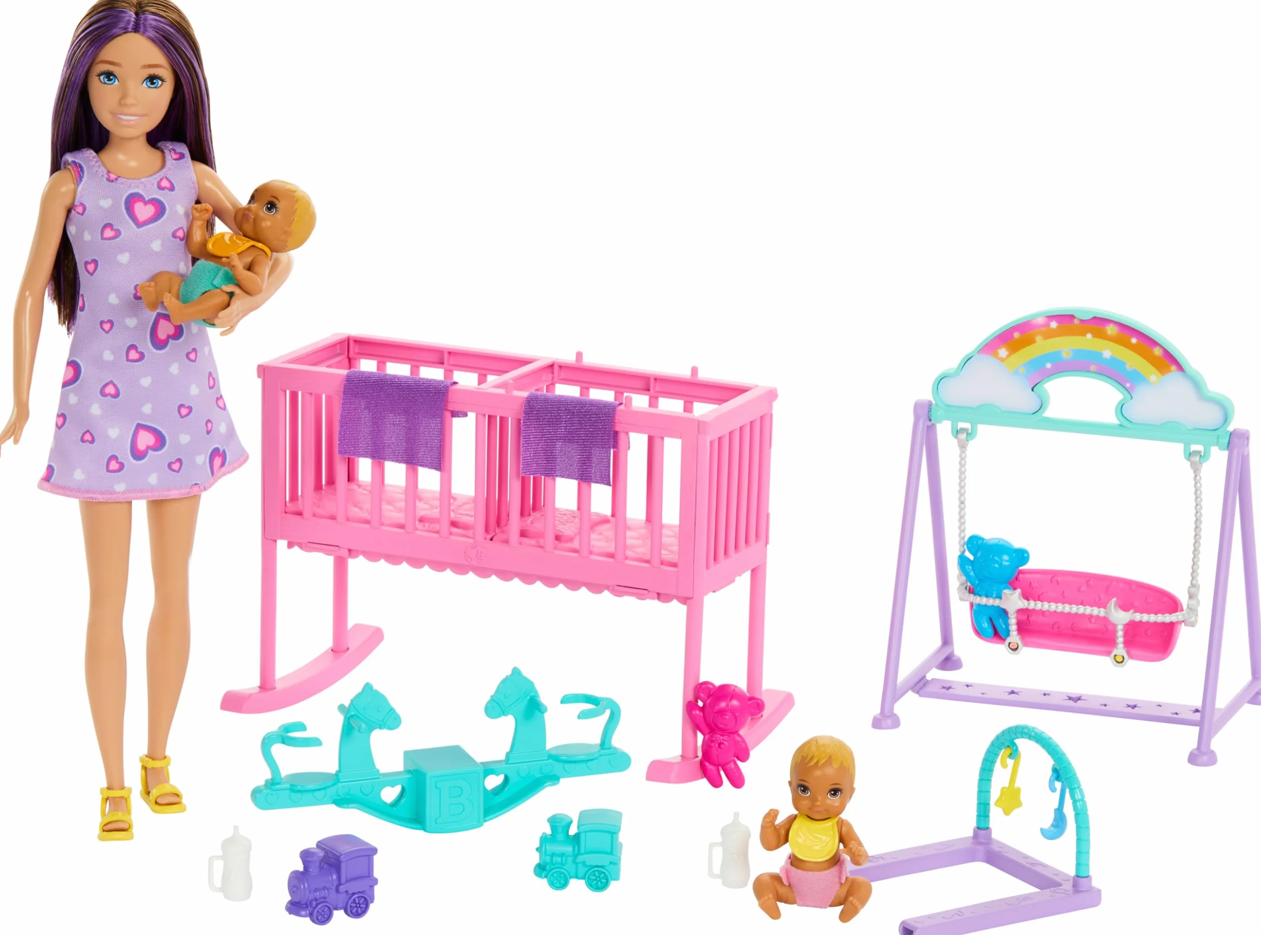 Barbie Muñeca Skipper Canguro de Gemelos con Vestido Morado de Corazones, Cuna, Columpio y Accesorios de Juego para bebés, Juguete +4 años (HXM99)