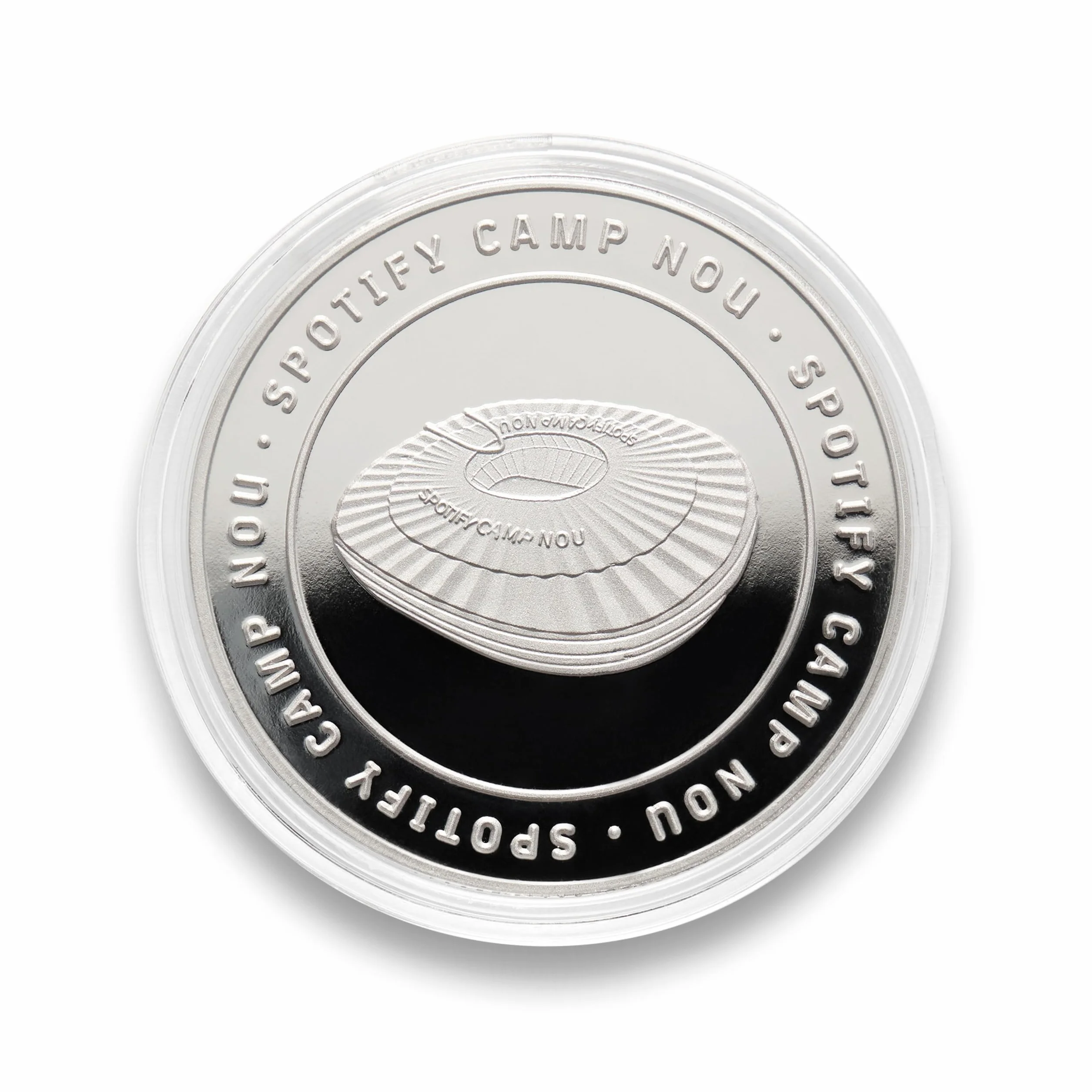 FC Barcelona - Moneda edición Especial con Escudo y Grabado del Estadio Spotify Camp NOU - Coleccionable - Plateada - Producto Oficial