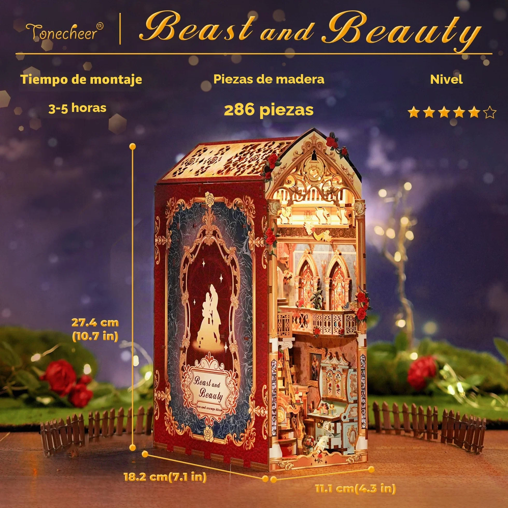 Tonecheer Kit de rincón de Libros para Adultos, Rompecabezas de Madera 3D para sujetalibros, Casa en Miniatura con Luces LED (Bestia y Belleza)