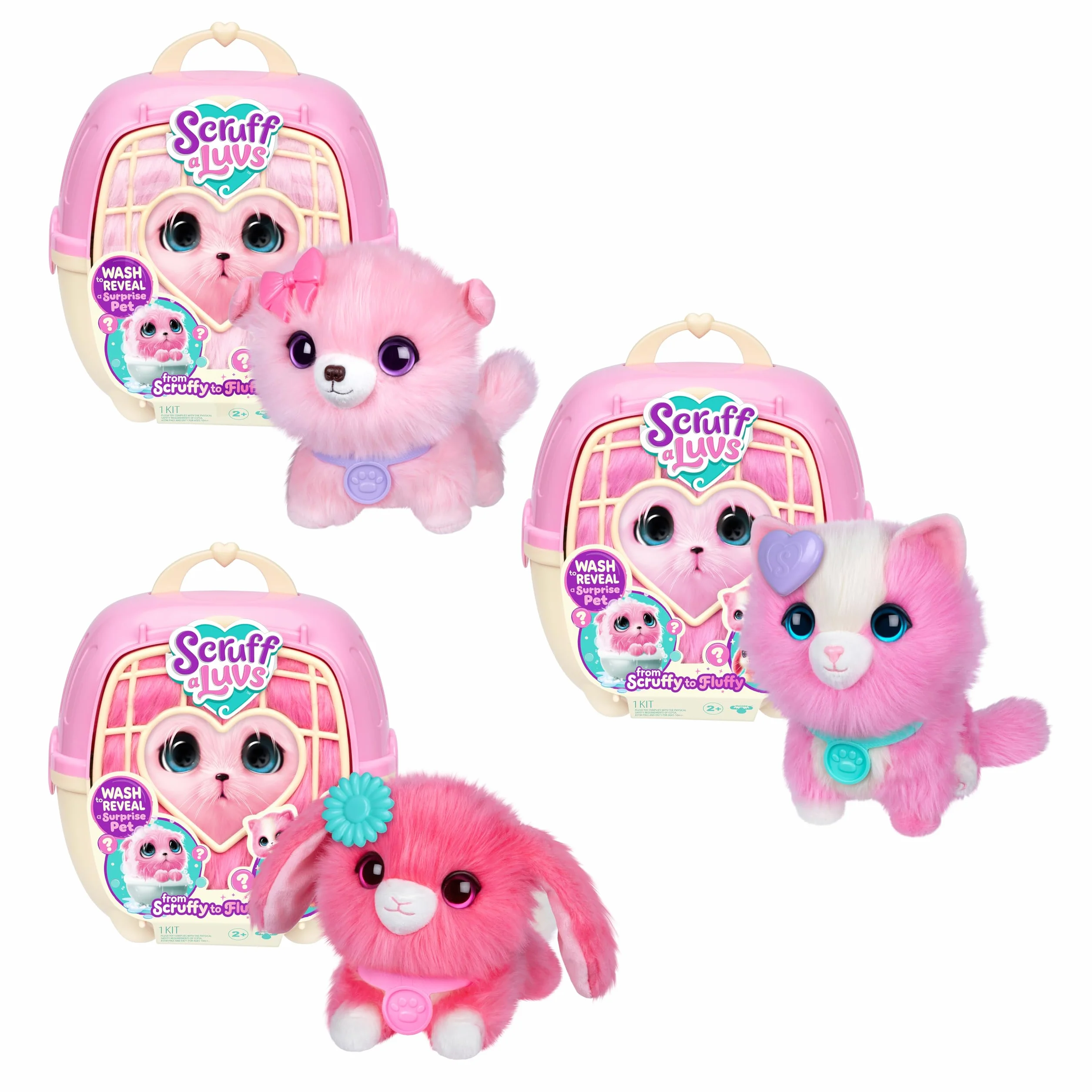 SCRUFFALUVS Little Live Pets Scruff Mascota Rosa - Peluche Sorpresa, 19 cm - Lava para Descubrir 1 de 3 Mascotas rescatadas: Perrito, Conejito o Gatito - Incluye un transportín Deluxe de 22 cm