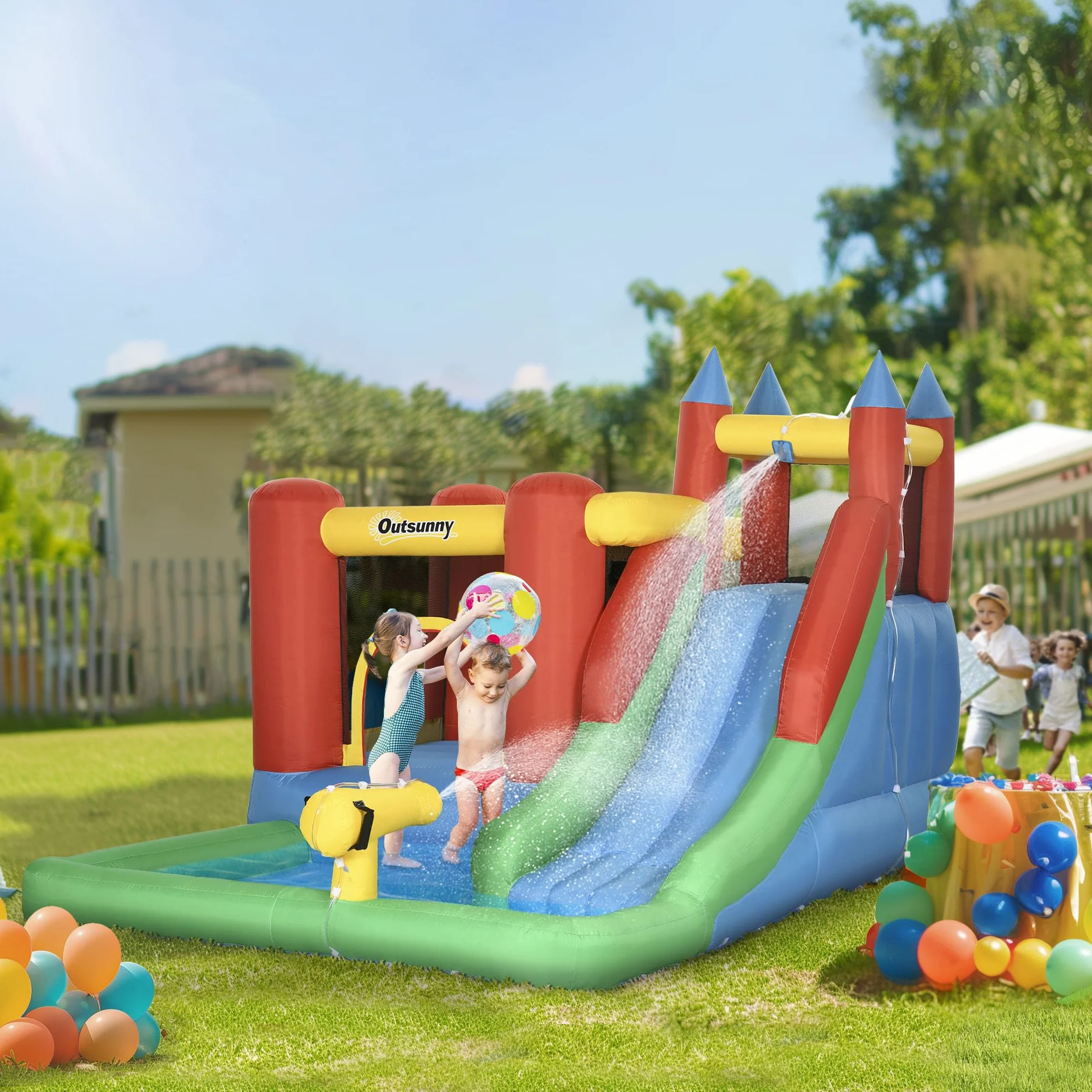 Outsunny Castillo Hinchable para Niños +3 Años 6 en 1 Castillo Inflable con Inflador Parque Acuático con Tobogán Zona de Salto Piscina y Bolsa de Transporte 330x245x215 cm Multicolor