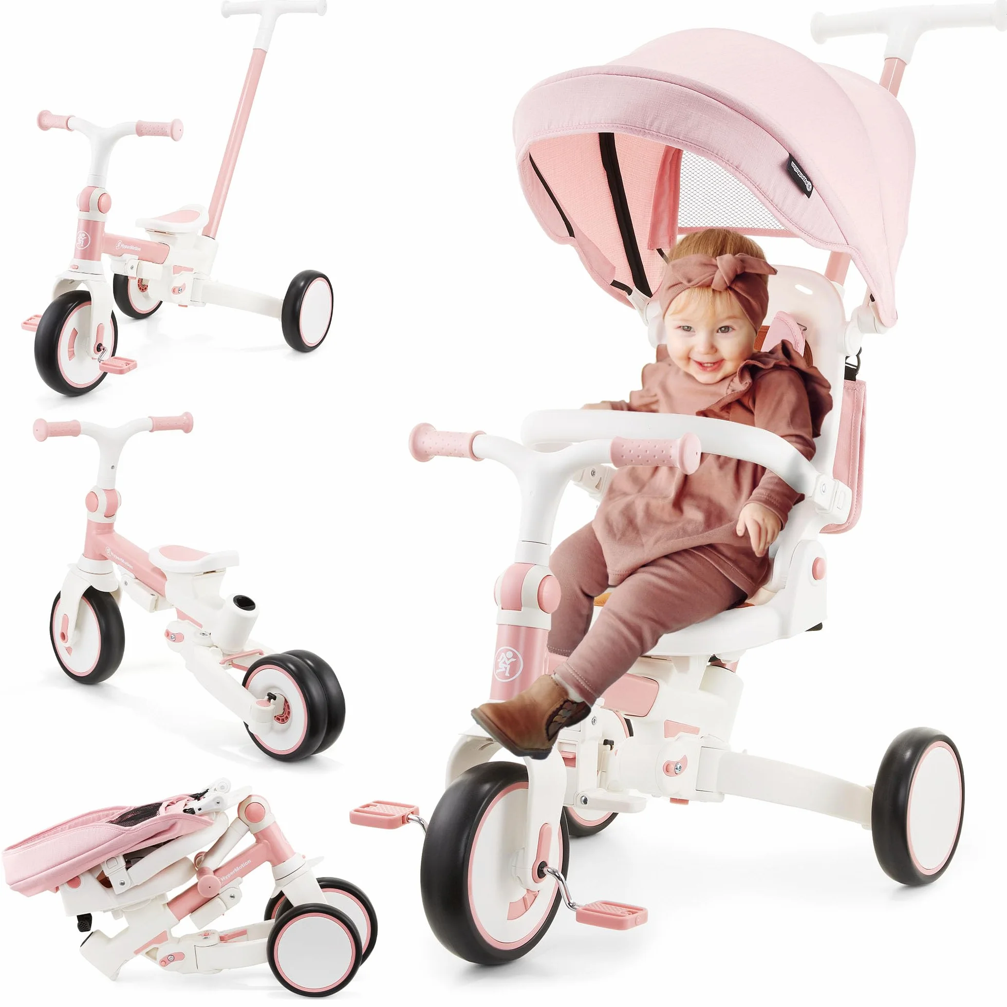 HyperMotion Triciclo Evolutivo 8 en 1 Rosa – Triciclo Bebe Plegable y Reclinable con Asiento 360° y Capota – Arnés, Barra de Empuje – Trike para Niñas de 1 a 5 Años