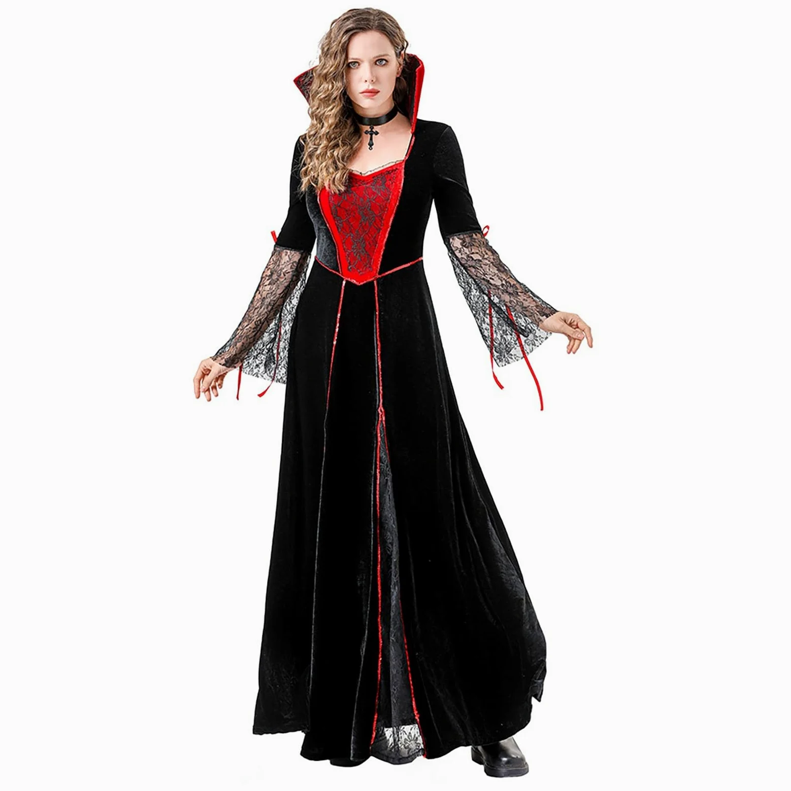 Disfraz medieval para mujer, bruja, cuello de pico, manga larga, vestido maxi para Halloween, cremallera, escenario, disfraz, pirata, renacimiento, Halloween, cosplay, carnaval, disfraz, rockabilly
