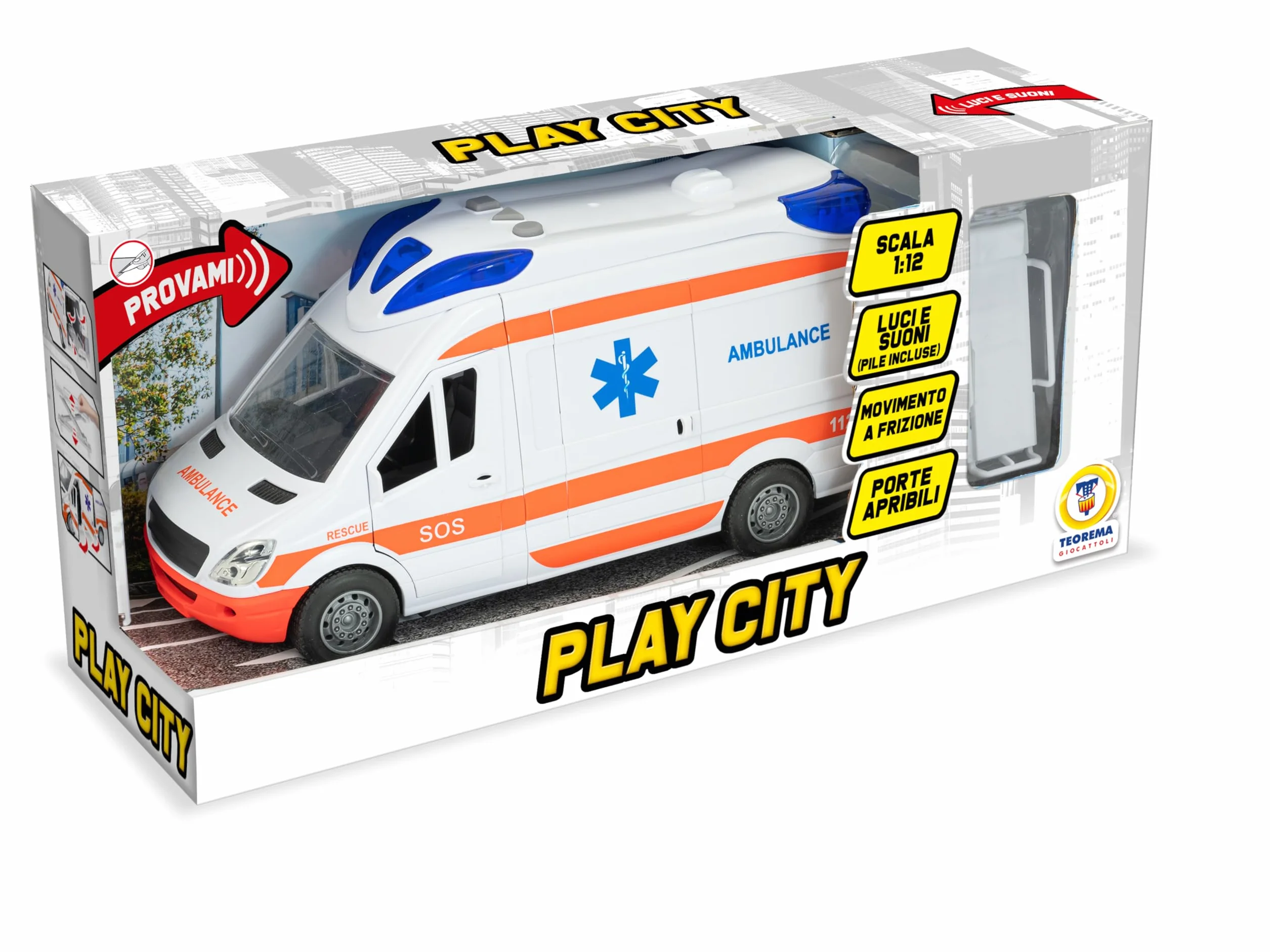 Teorema – Ambulancia Play City Escala 1:12, Juguete de Primeros Auxilios para niños, vehículo de Emergencia con Luces, Sonidos y Camilla Ajustable