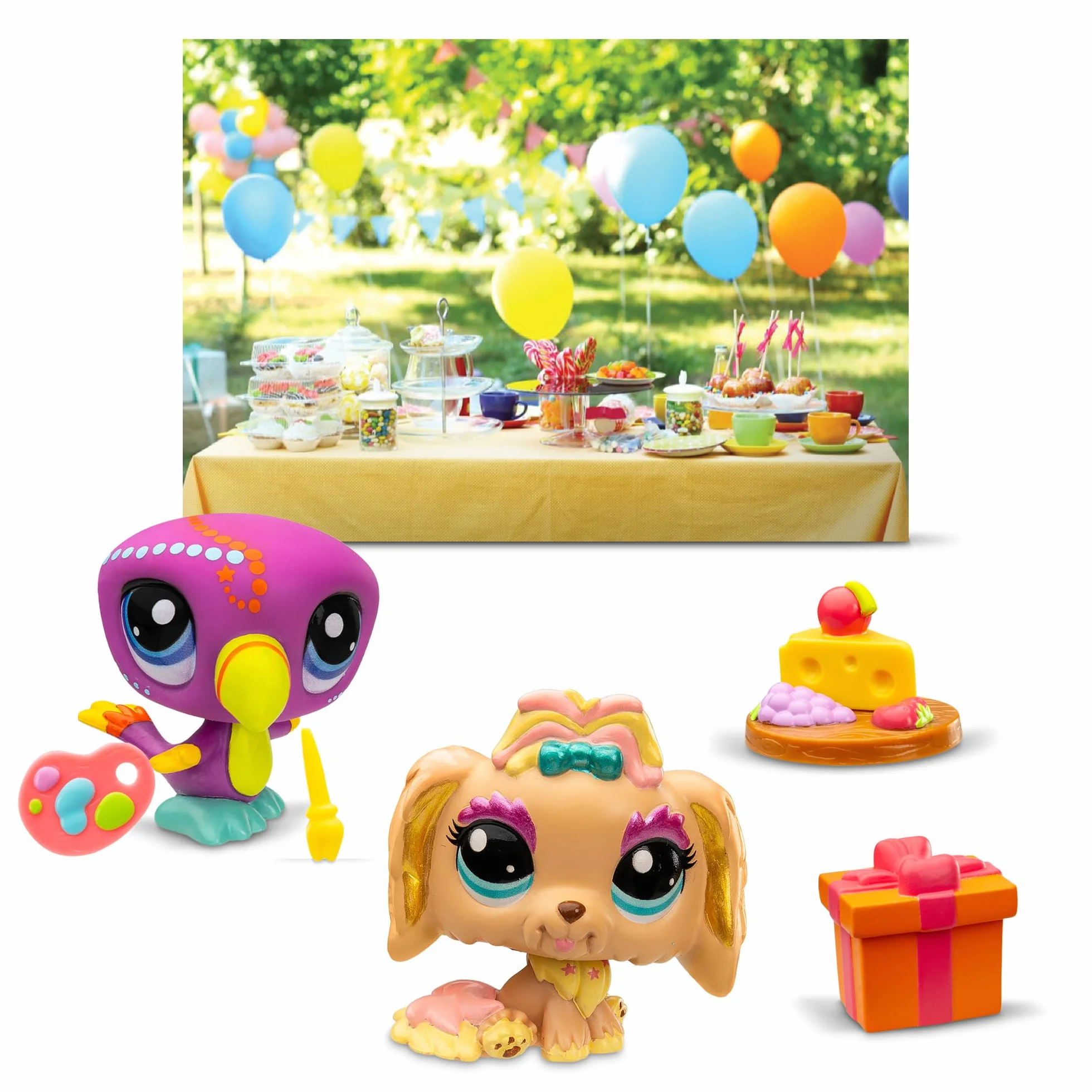 BANDAI Littlest Pet Shop Pack PETFLUENCERS Fiesta AL Aire Libre BF00572 Incluye 2 Mascotas, 4 Accesorios, 1 Fondo, 1 Tarjeta de coleccionista, 1 código Virtual, Generación 7, 4 años+
