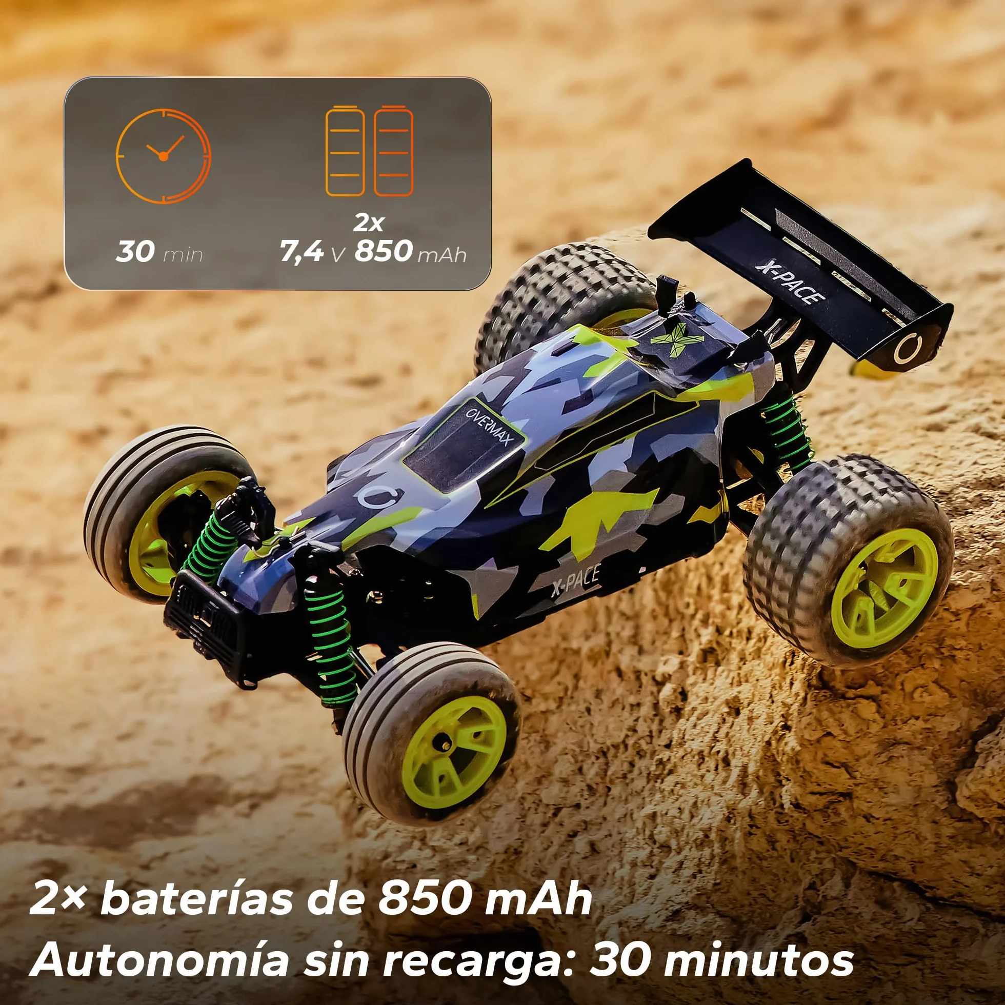 Overmax X-Pace RC Plane 4x4 Speed Tracción 45kmh Alcance 100 Metros Suspensión de Resorte Independiente Luces LED Big Car Conducir sin Cargar: 30 Minutos