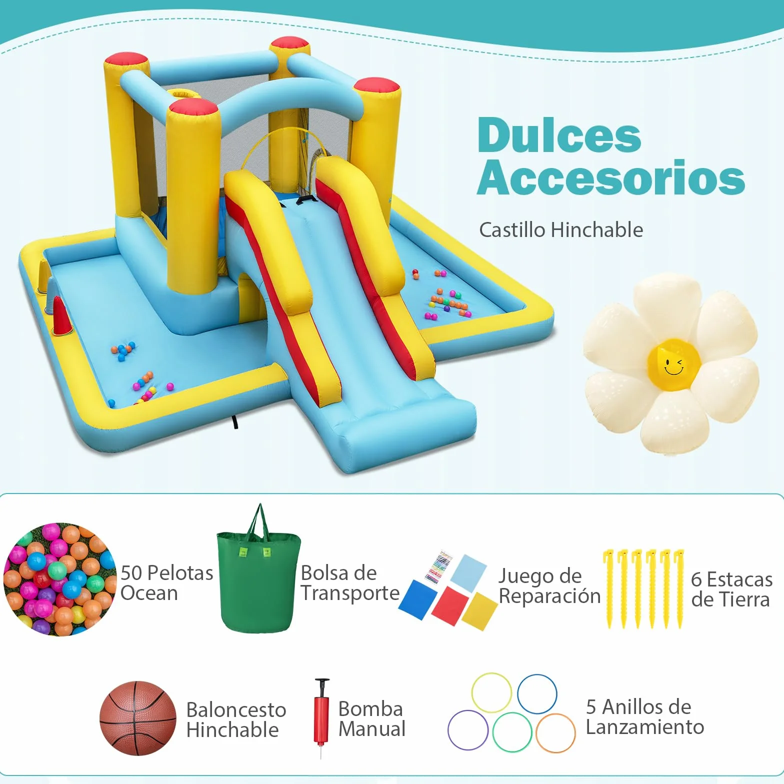 COSTWAY Castillo Hinchable 7 en 1, Grande, 394 x 389 x 194 cm, Niños 3 a 10 Años, Interior Exterior