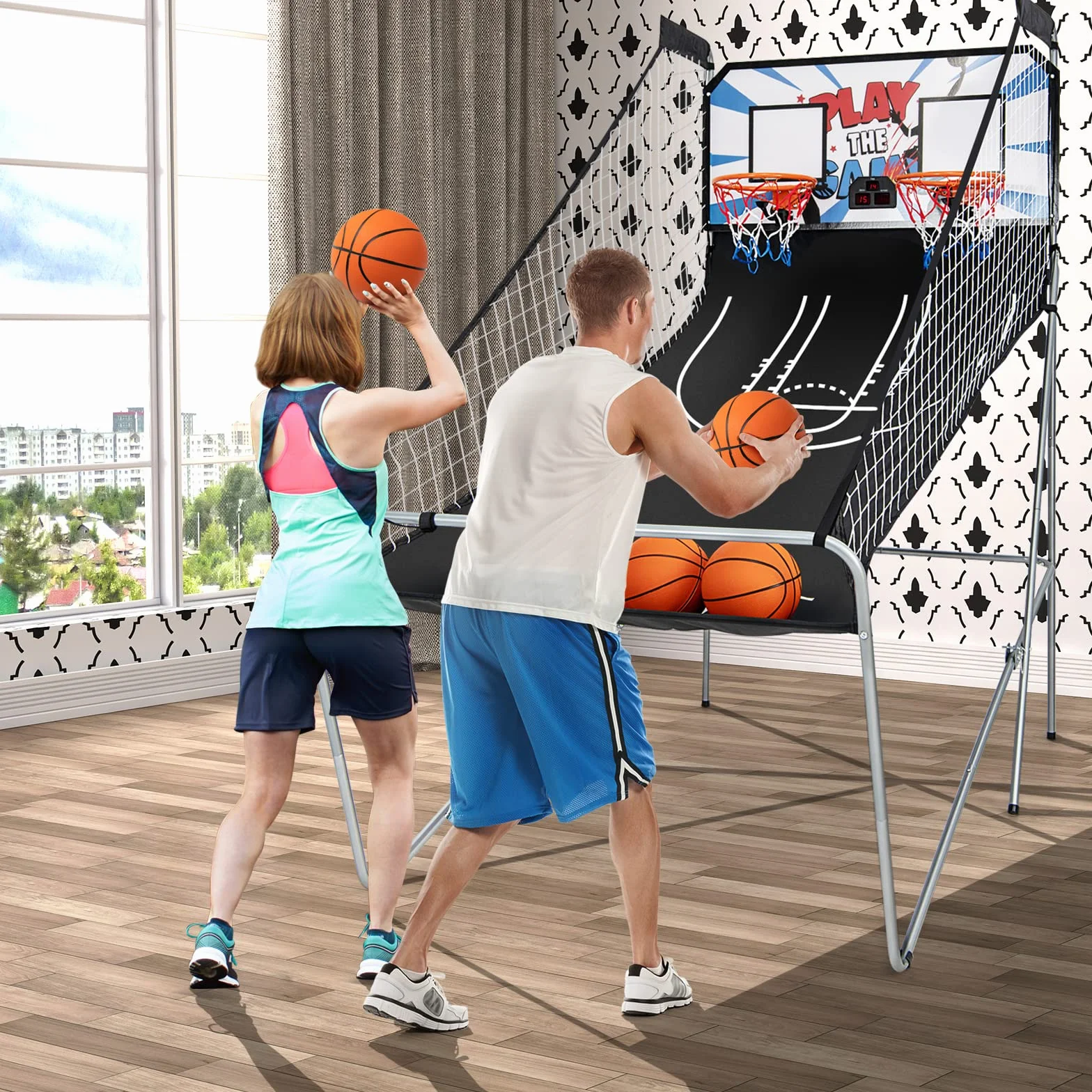 KOMFOTTEU Juego de Canasta de Baloncesto Plegable Doble Canasta con Contador Electrónico 8 en 1 Máquina de Tiro 202x107x205 cm