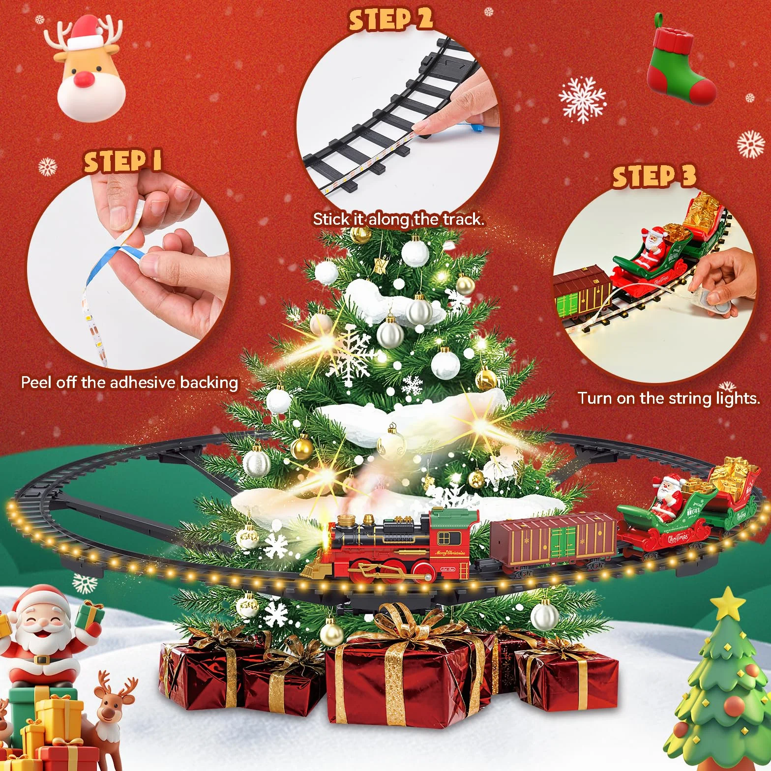 Tren Eléctrico de Navidad con Riel Luminoso - Tren Navideño para Árbol con Luces LED Cálidas, Spray y Sonido, Set Clásico de Trenes de Navidad para Niños 3 Años o Más - Regalo Mágico