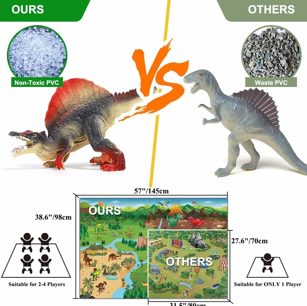 FRUSE Dinosaurios Juguetes con 145x98cm Tapete de Juego,12 Figuras de Dinosaurio Realistas con T-Rex,Carnotaurus,Libro de Dinosaurio,Jurassic Dinosaurios World Regalo para Niños y Niñas 3 4 5 6 7