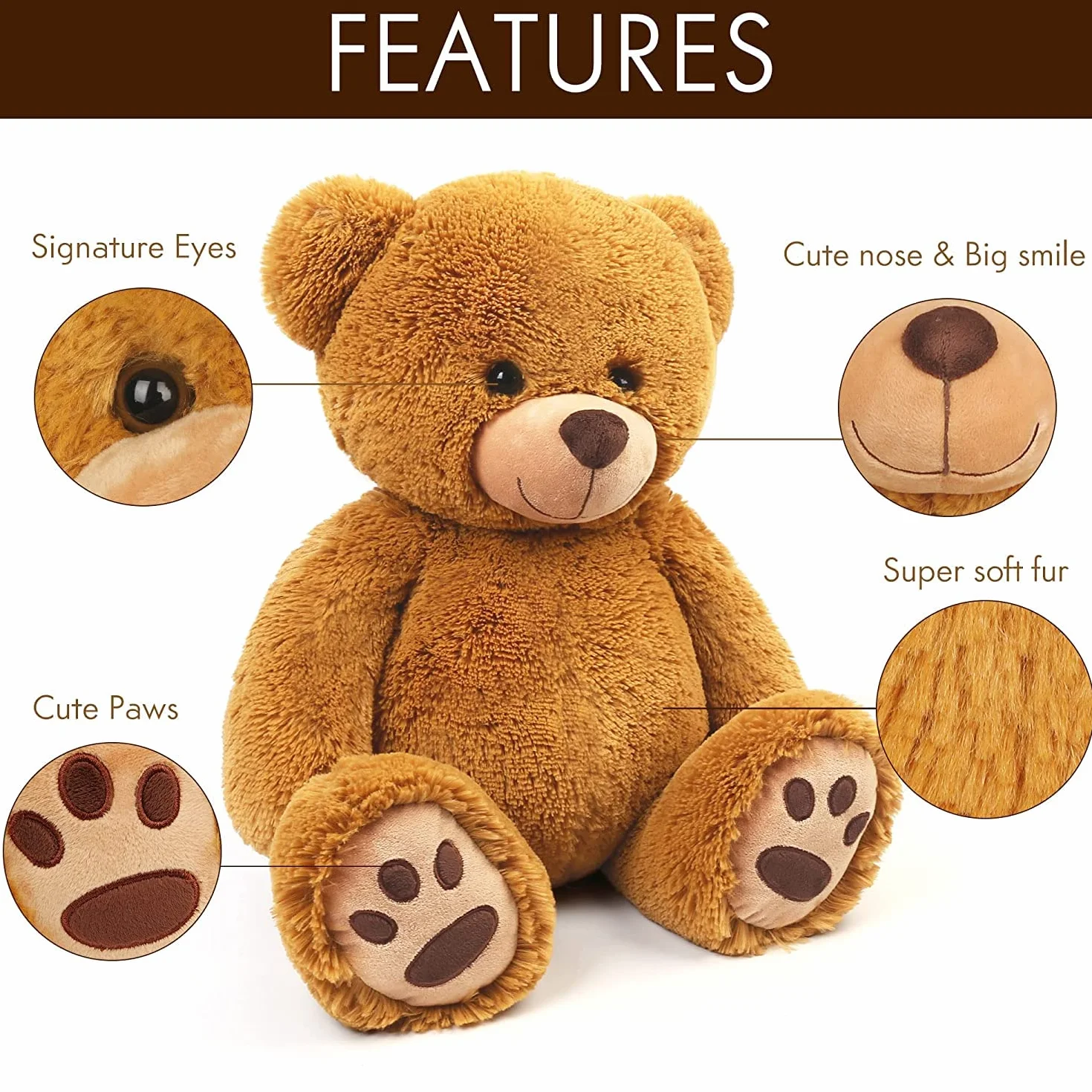 LotFancy Osito de Peluche 50 cm, Oso Suave, Juguete con Huellas Marrón para Niños