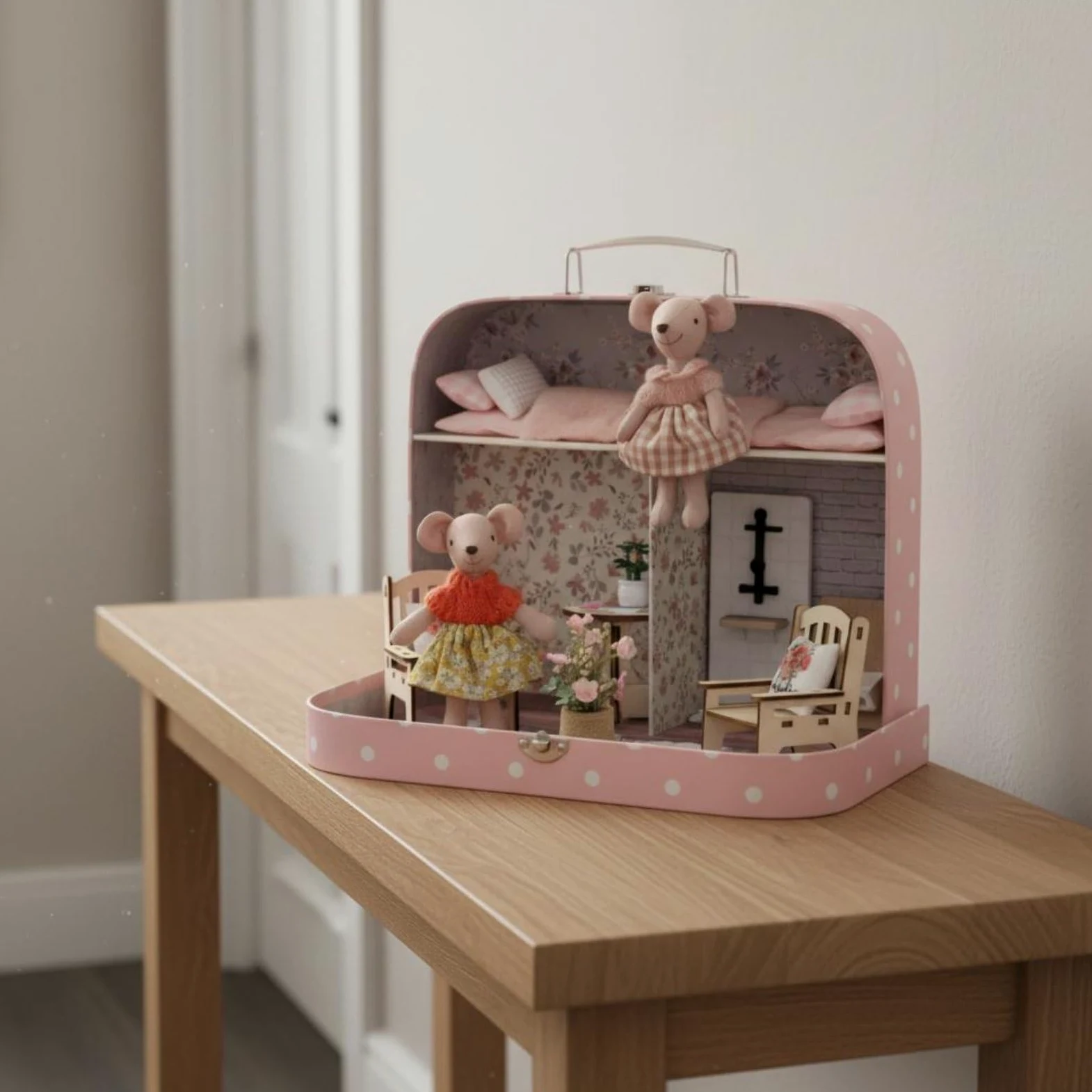 Casa de Muñecas Portátil Maletín Juego Set y Dormitorio Flores en Paredes Incluye Figuras y Mesa Materiales Madera y Tela Adecuada para Juego Imaginativo Infantil Viajes Guardería Regalo
