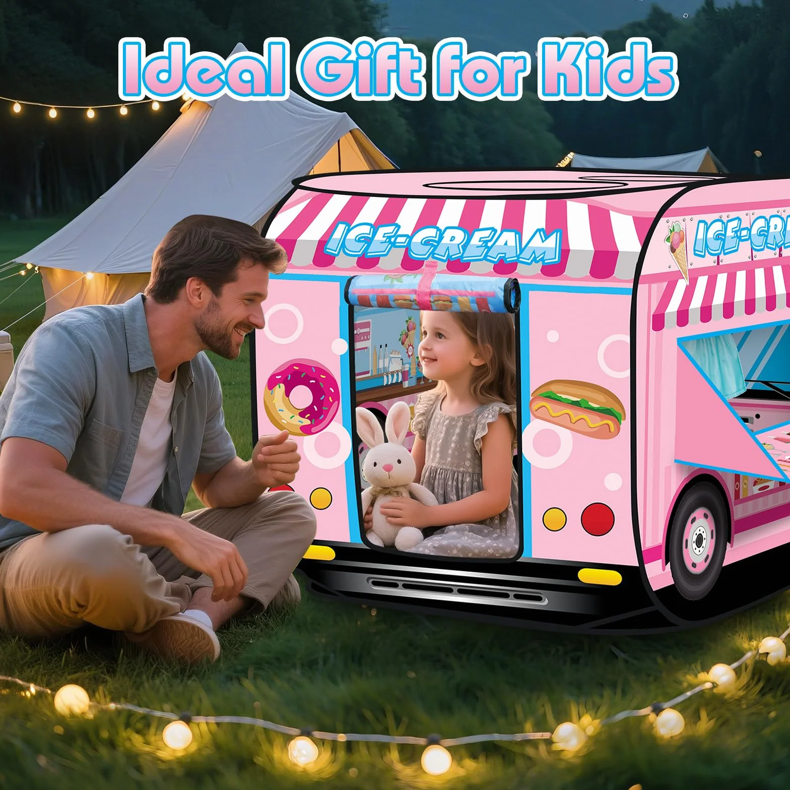 deAO Casita de Juegos Carpa Infantil Tienda con Diseño Pop Up Auto Armable Montaje Rápido Actividades Recreativas al Interior Exterior Área de Recreo (Heladería, Camión de los Helados)