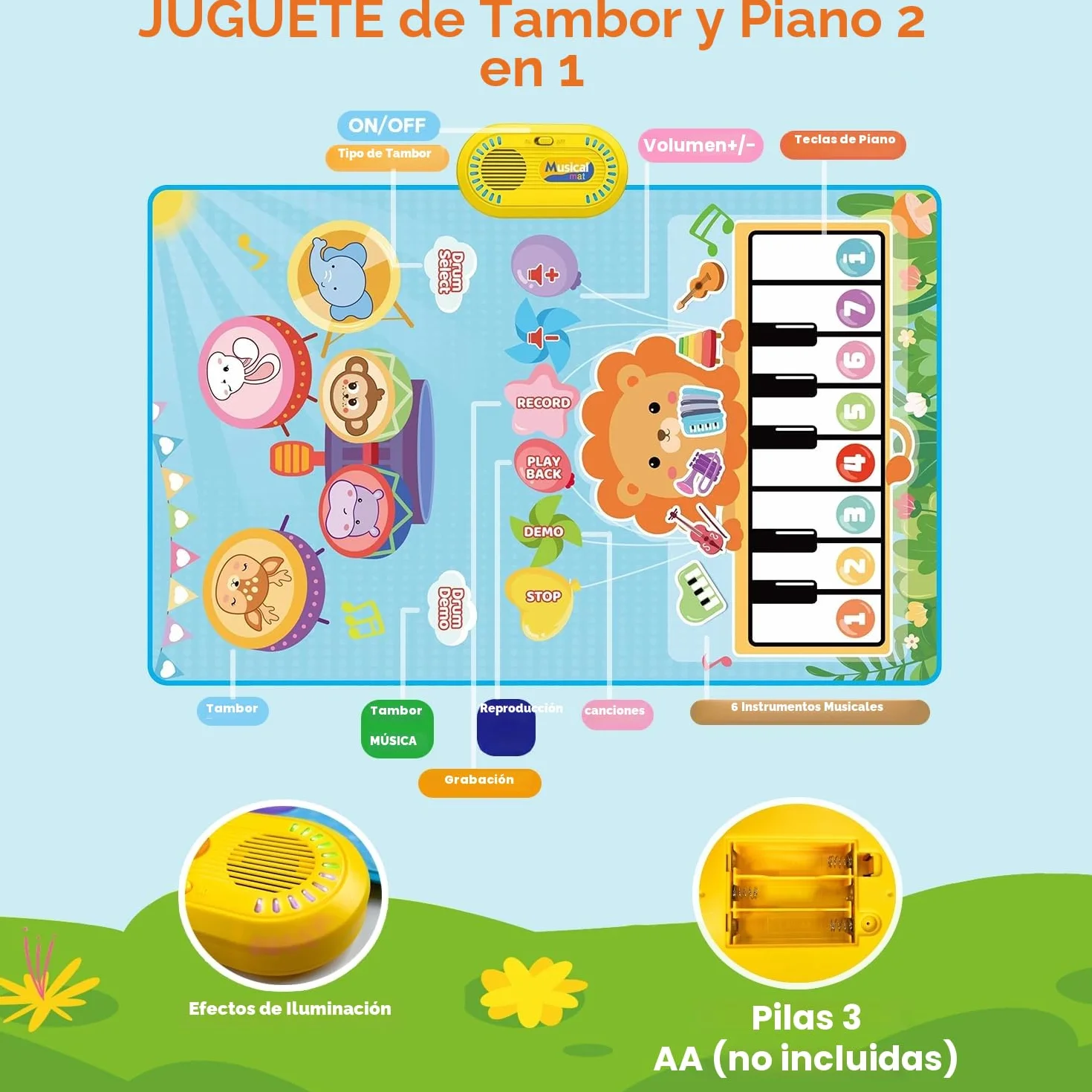 Lobyoh Juguetes para Bebés 1 Año, 2 en 1 Alfombra Musical Juguete de Tambor para Pequeños, Regalos Educativos para Niños Niñas 1 2 3 4 5 Años