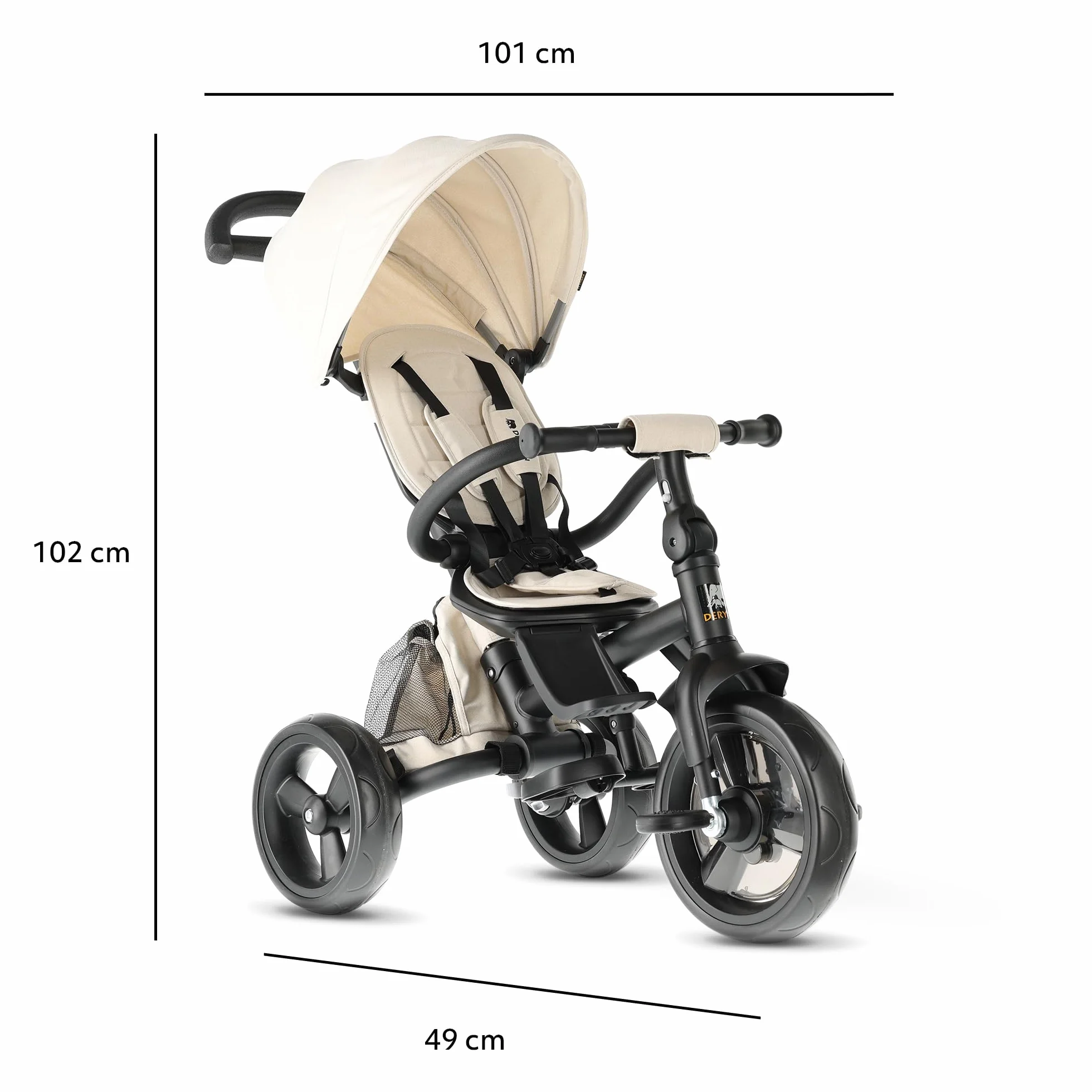 Deryan Explorer Triciclo 9 Meses a 25 kg - Evolutivo, Bicicleta Sin Pedales, Bicicleta Bebe, Plegable, para Niños, Asiento Reversible, Capota con protección Solar, Cesta, Arnés de 5 Puntos - Crema