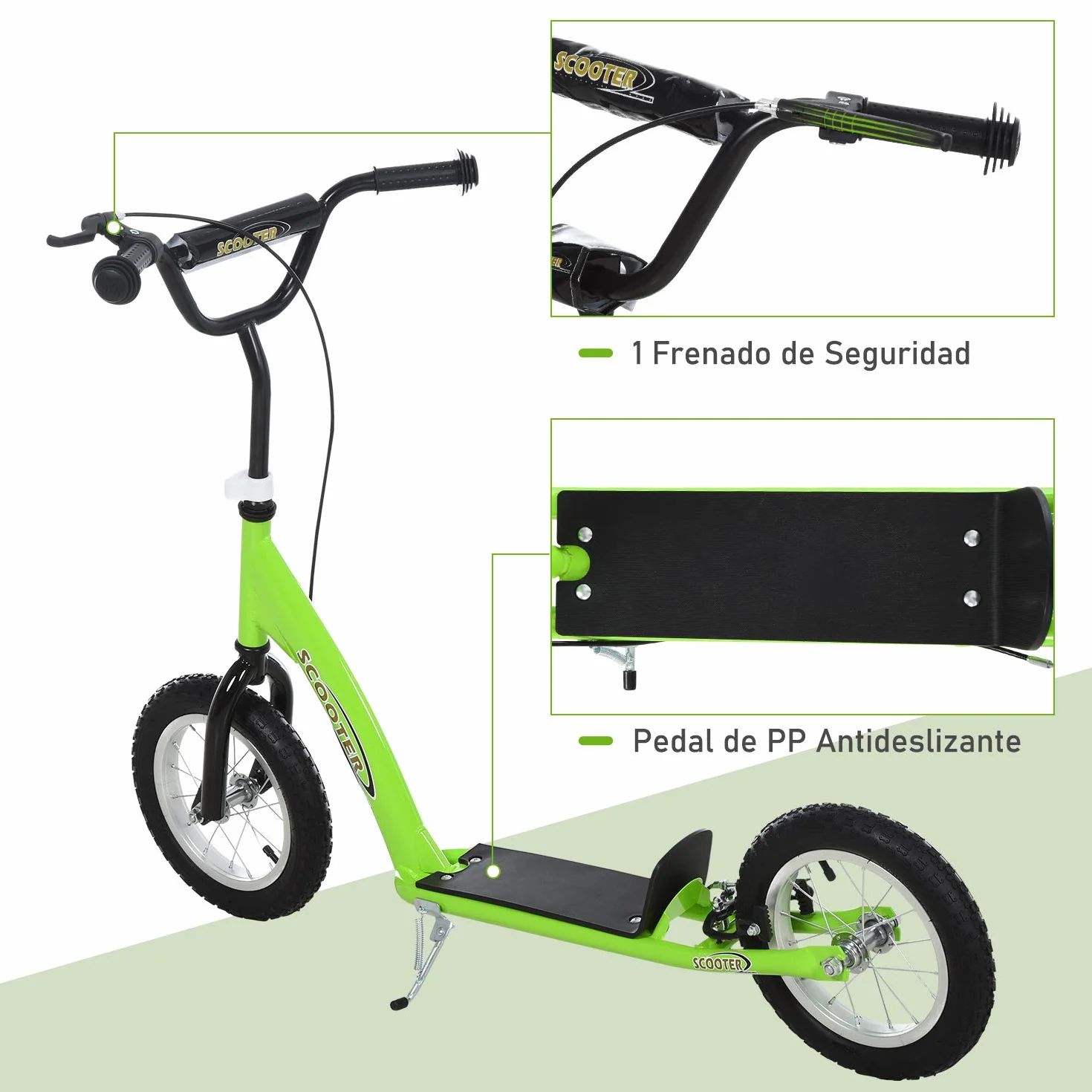 HOMCOM Patinete para Niños Mayores de 5 Años Scooter 2 Neumáticos Inflables de Caucho con Frenos Manillar Ajustable Pedal Antideslizante 117x52x80-85 cm Verde