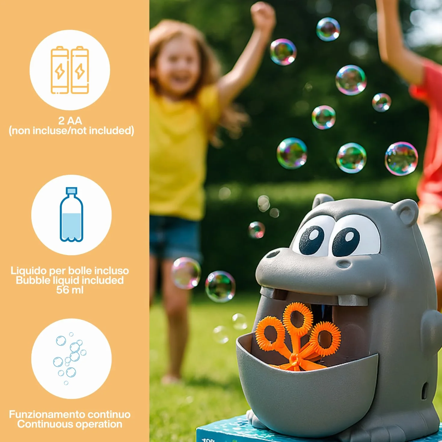 BEPER Máquina de Burbujas para Niños – Forma de Animal (Hipopótamo o Rana) – Funcionamiento Continuo – 56 ml de Líquido Incluido, Pilas No Incluidas