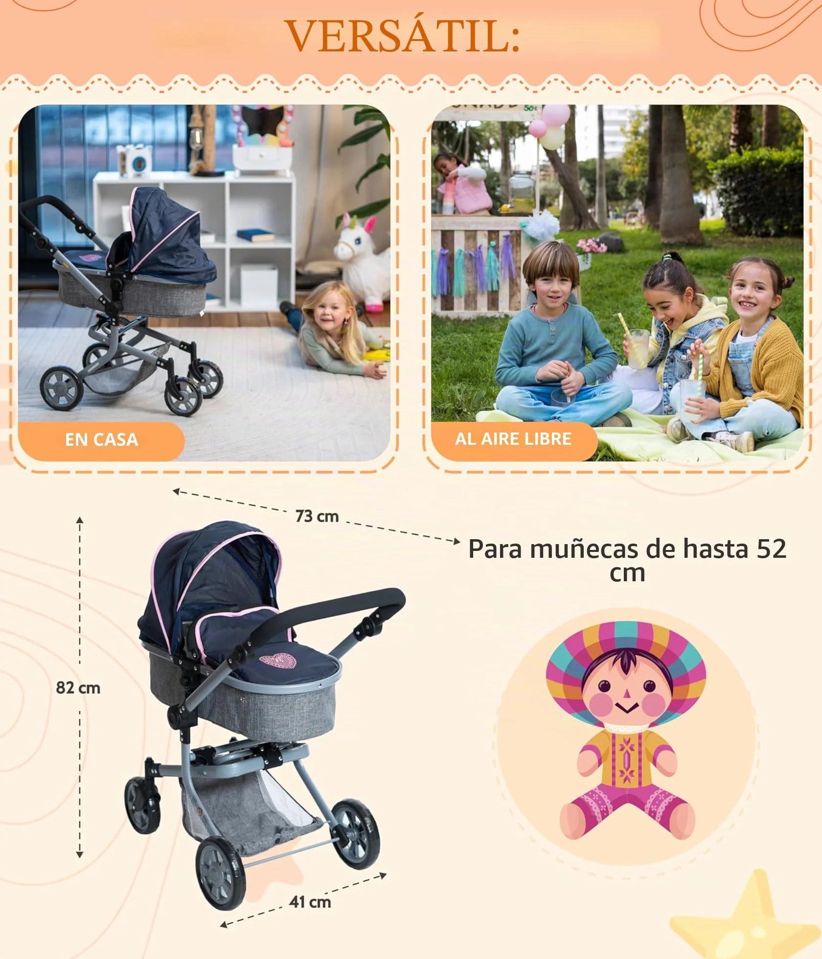 Bayer Chic 2000 - Cochecito de muñecas Mika, 2 en 1 para niños de 4 a 8 años, Color Gris y Azul Marino