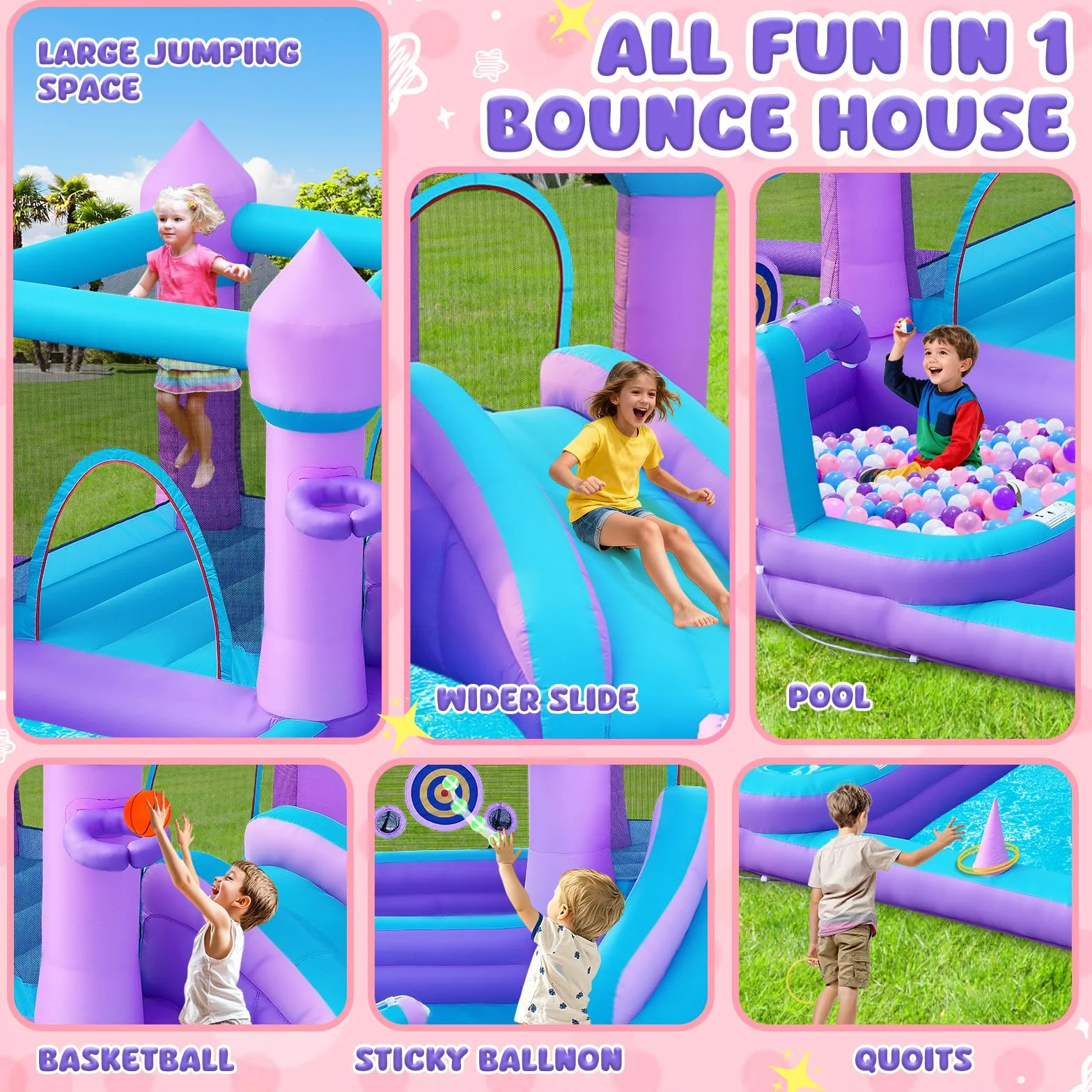 Castillo Inflable para Niños de 3-8 años, Casa de los Sueños Morada con Tobogán de Agua y Soplador de 480W, Gran Castillo Inflable con Zona de Salto, Piscina de Bolas, Alberca