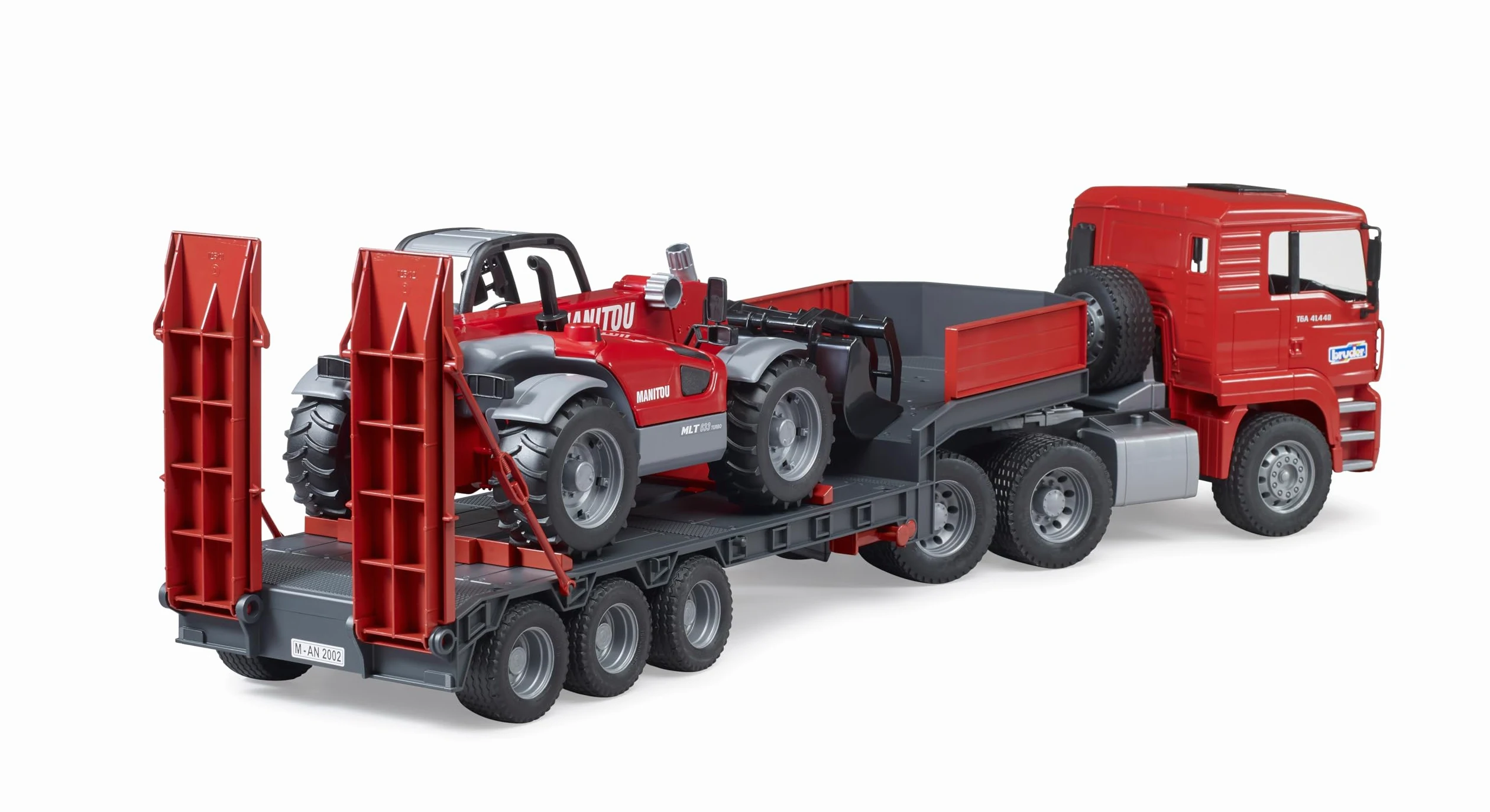 Bruder 02774 - Man TGA con Plataforma Baja y Cargador telescópico Manitou | Camión con pala cargadora, camión, set de vehículos, juguete a partir de 3 años, escala 1:16