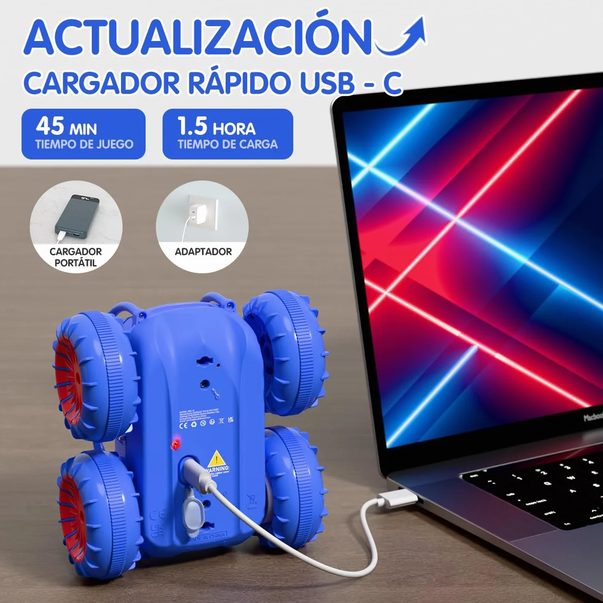 ifollower Coche Teledirigido 4x4 Camión Anfibio, 360° Acrobacias y LED, 15km/h, Carga USB-C Directa, Juguete para Niños 3 4 5 6 7 8 9 10 11 12 Años, Regalo Navidad Cumpleaños