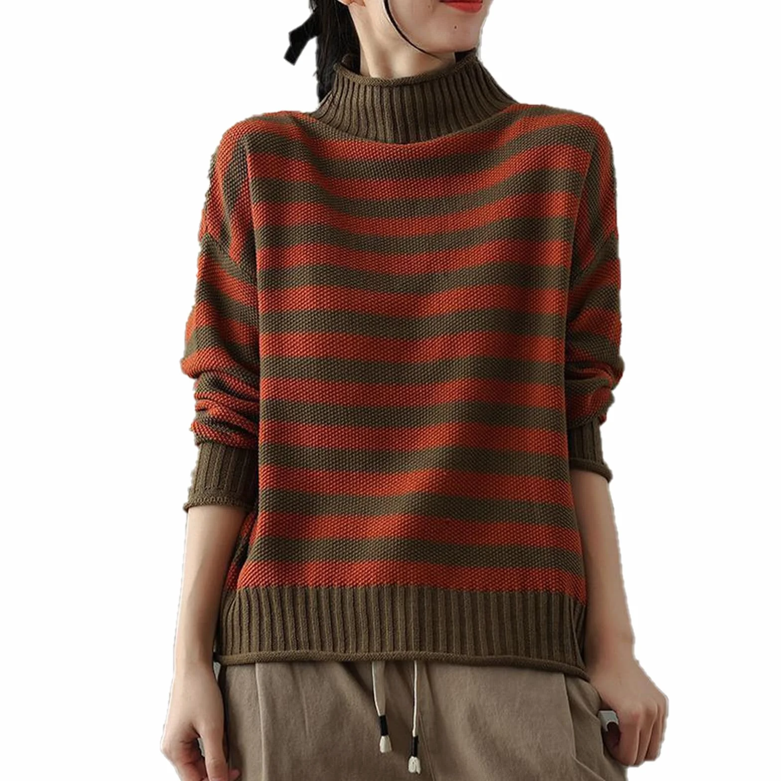 Suéter de Cuello Alto con Rayas Retro para Mujer, Suéter de Punto Naranja Casual Suelto (L)