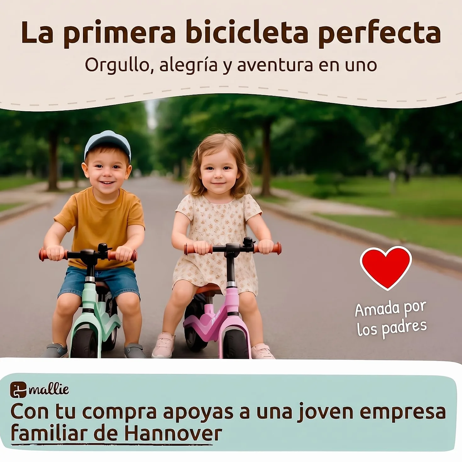 Mallie® Bicicleta Niño 2 Años con Timbre - Bici Bebe, Bicicleta Niño 4 Años, 3 Años, Bicicleta Bebe, Bici Sin Pedales - Manillar y Asiento Ajustable