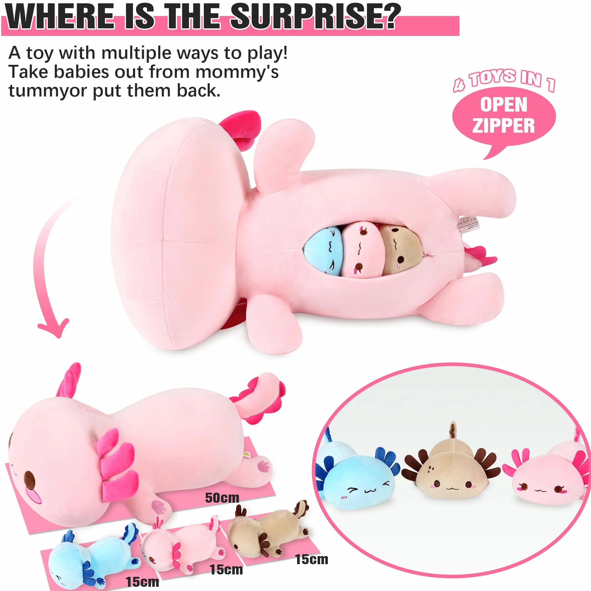 Shownicer Peluche de Axolotl Kawaii - Mamá y 3 Bebés Cojín de Felpa, Almohada Muñeca, Cojín de Lanzamiento - Regalo para Niños y Niñas