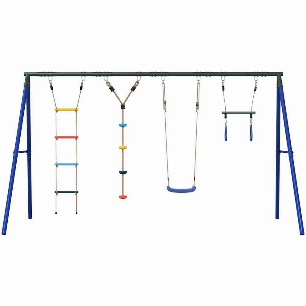 Juego de columpio con columpio trapezoidal, escalera de cuerda y cuerda de escalada de acero lacado, 341 x 185 x 185 cm, para jardín al aire libre, parque infantil, promueve movimiento