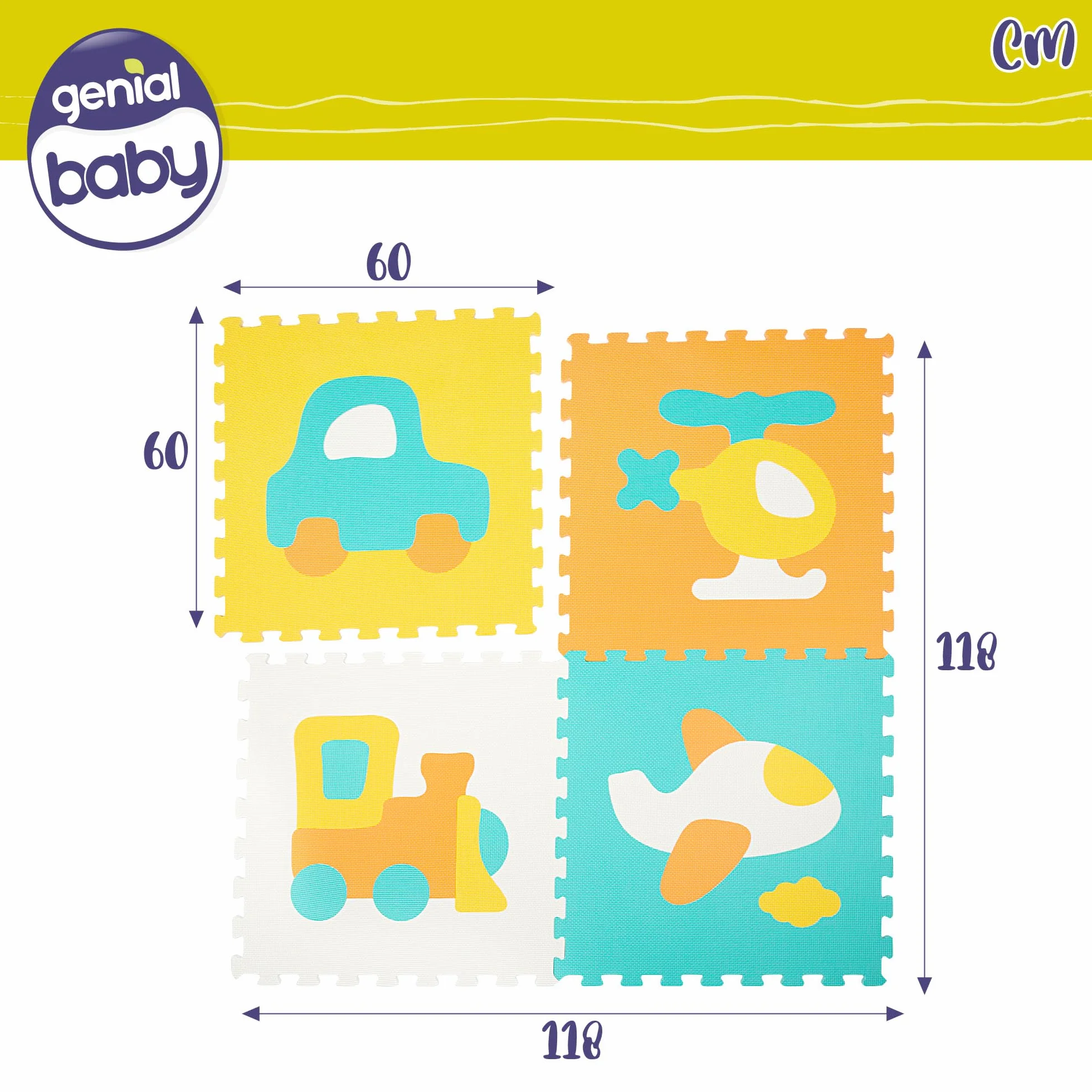 Colorbaby Alfombra Puzzle bebé, 4 Piezas puzle Suelo vehículos, No tóxica, 118x118 cm, Tapete Acolchado bebés, Gomaeva Infantil, Rompecabezas de Goma eva, Alfombrilla Juego niños, +10 Meses, 47156