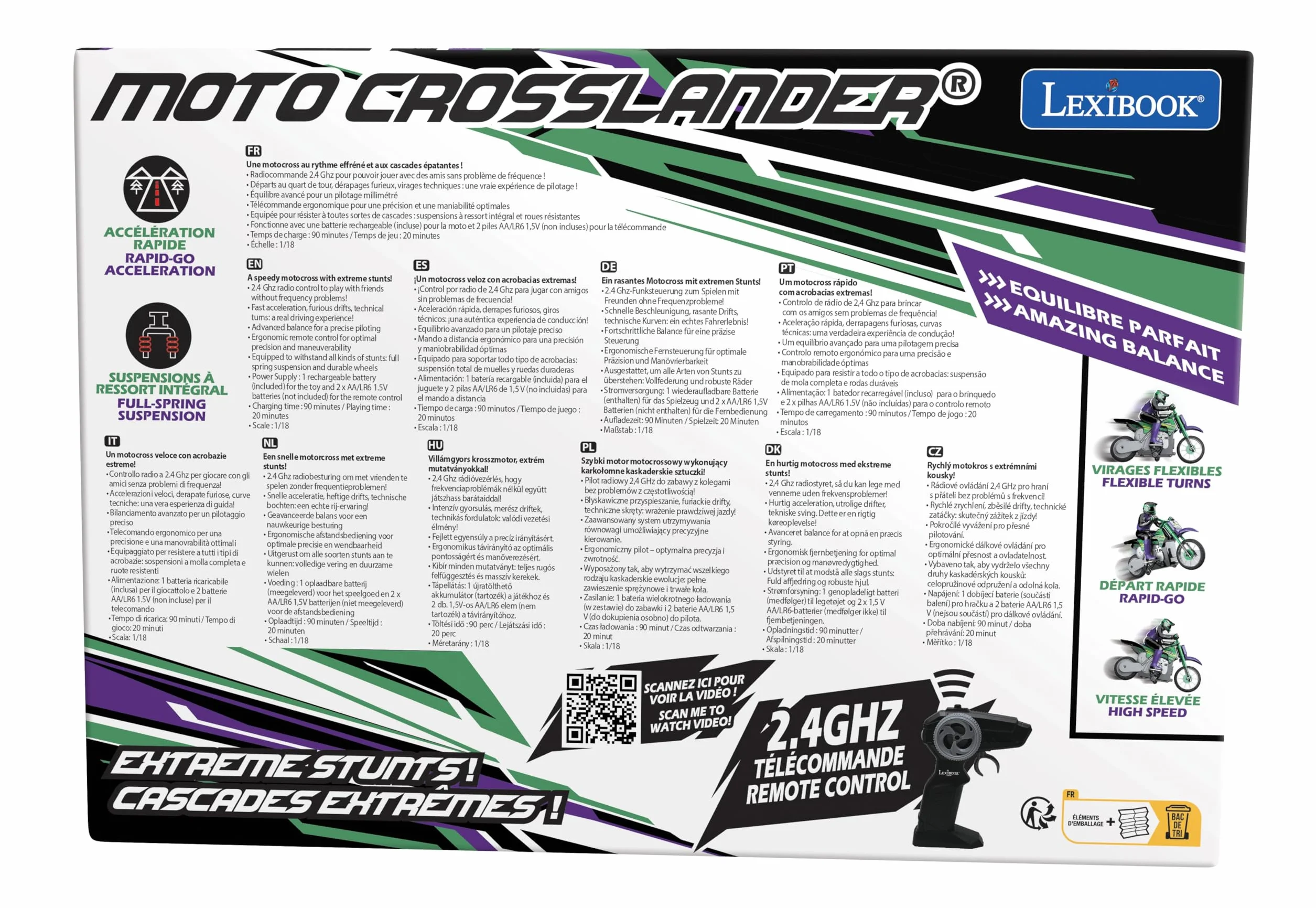 Lexibook, Moto Todoterreno radiocontrolada Crosslander®, hasta 12km/h, Equilibrio, Efectos de luz, derrapes Locos, aceleración rápida, Mando a Distancia ergonómico, Recargable, RC18LXB