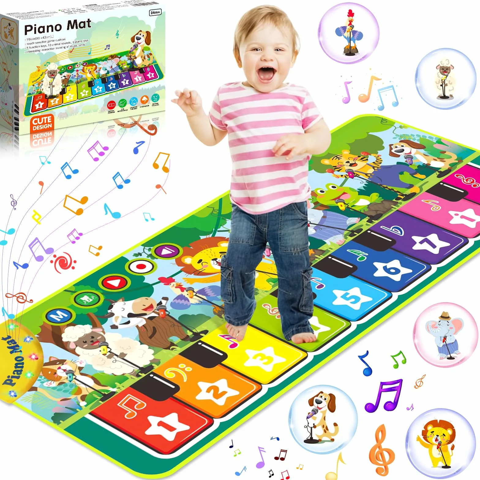 Piano Bebe, Alfombra Musical con 10 Animales, Alfombra Musical Bebe 1 Año, Alfombra de Piano, Juguete Musical Bebe, Niños y Niñas & Regalos de Cumpleaños (110×43cm)