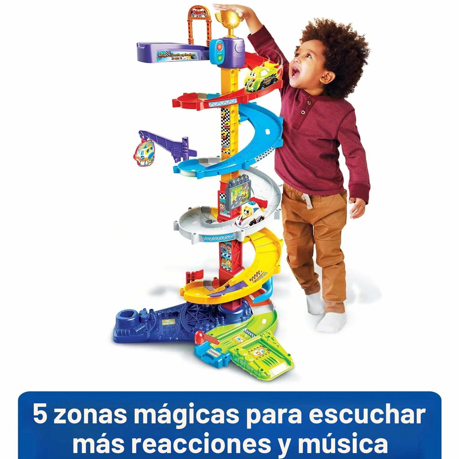 VTech Tut Tut Bolides, Mega Circuito Espirales 2 en 1 con Coche Titouan Loco del Volante, Circuito de Coches Infantiles, 5 Zonas Mágicas, Regalo para Niños y Niñas de 1 año a 5 años - Contenido en