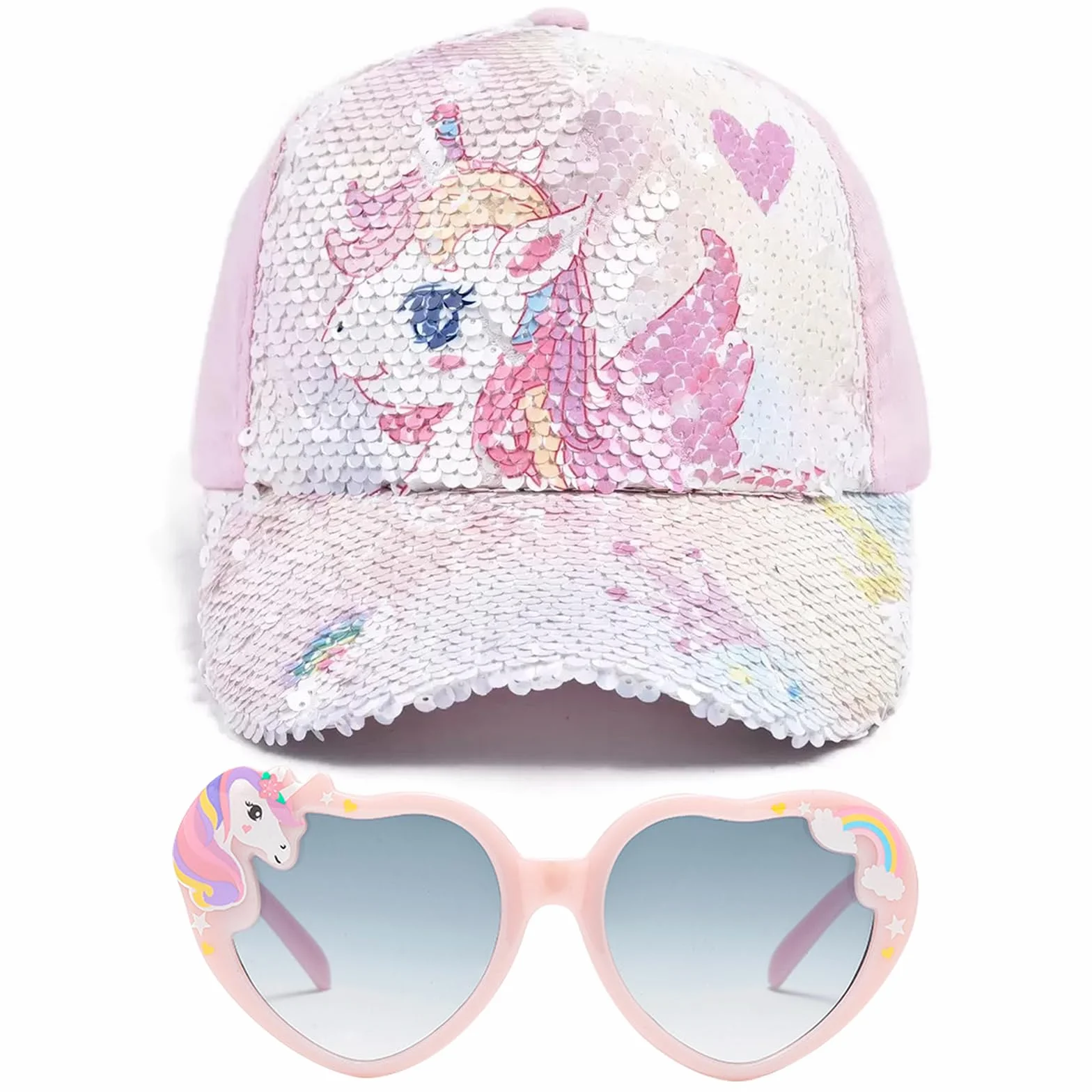 Gorra y Gafas de Sol para Niña, Gorra de Béisbol Rosa Ajustable Unicornio con Protección UV, 3-8 Años