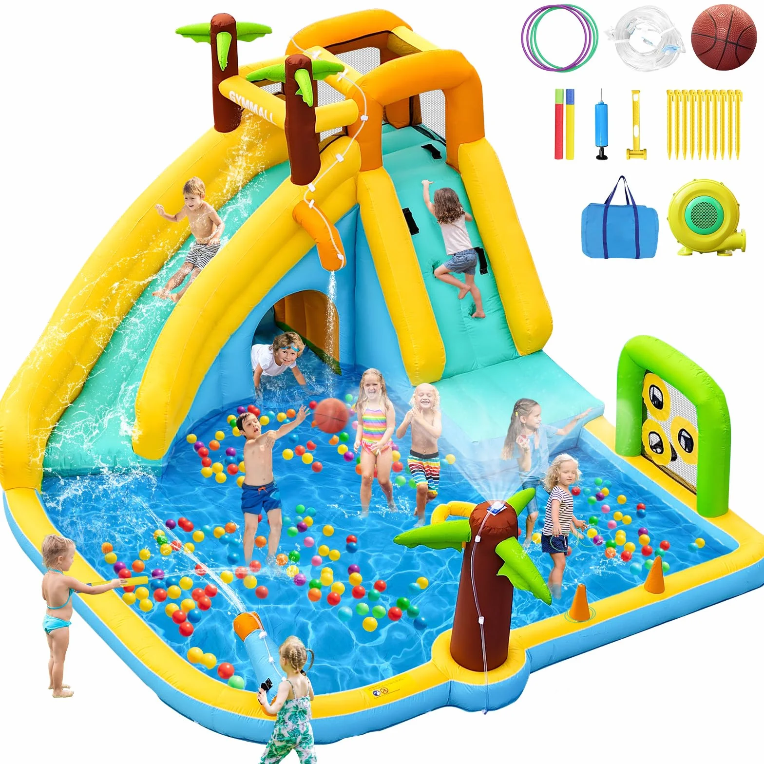 Tobogán Inflable de Agua con Ventilador 450W - Castillo Hinchable 10-en-1 para Niños en Interior y Exterior con Piscina, Aspersores y Tobogán Largo