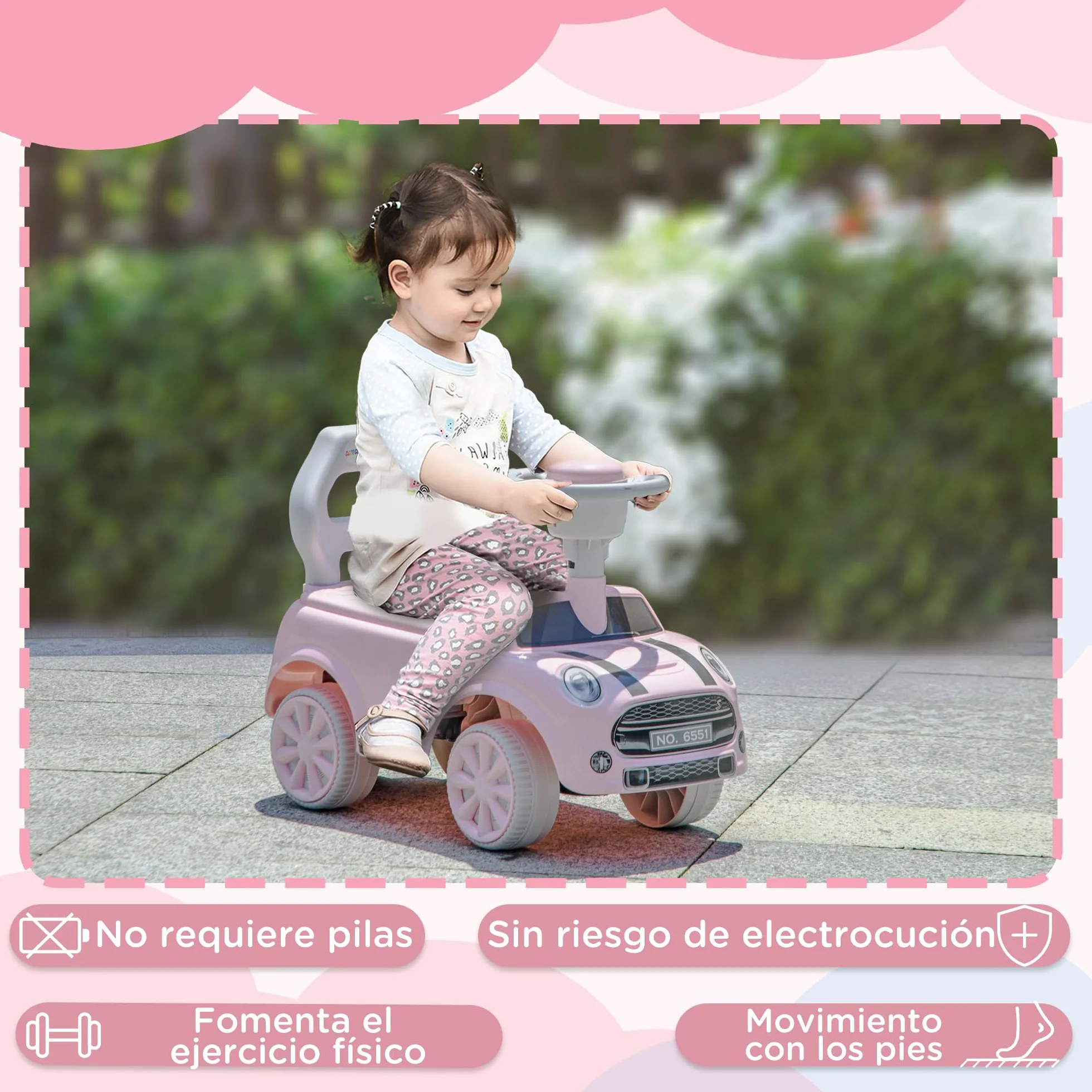 AIYAPLAY Correpasillos para Bebés de 18 a 36 Meses Coche Correpasillos con Volante Bocina y Sistema de Antivuelco Carga 25 kg 53x25x35 cm Rosa
